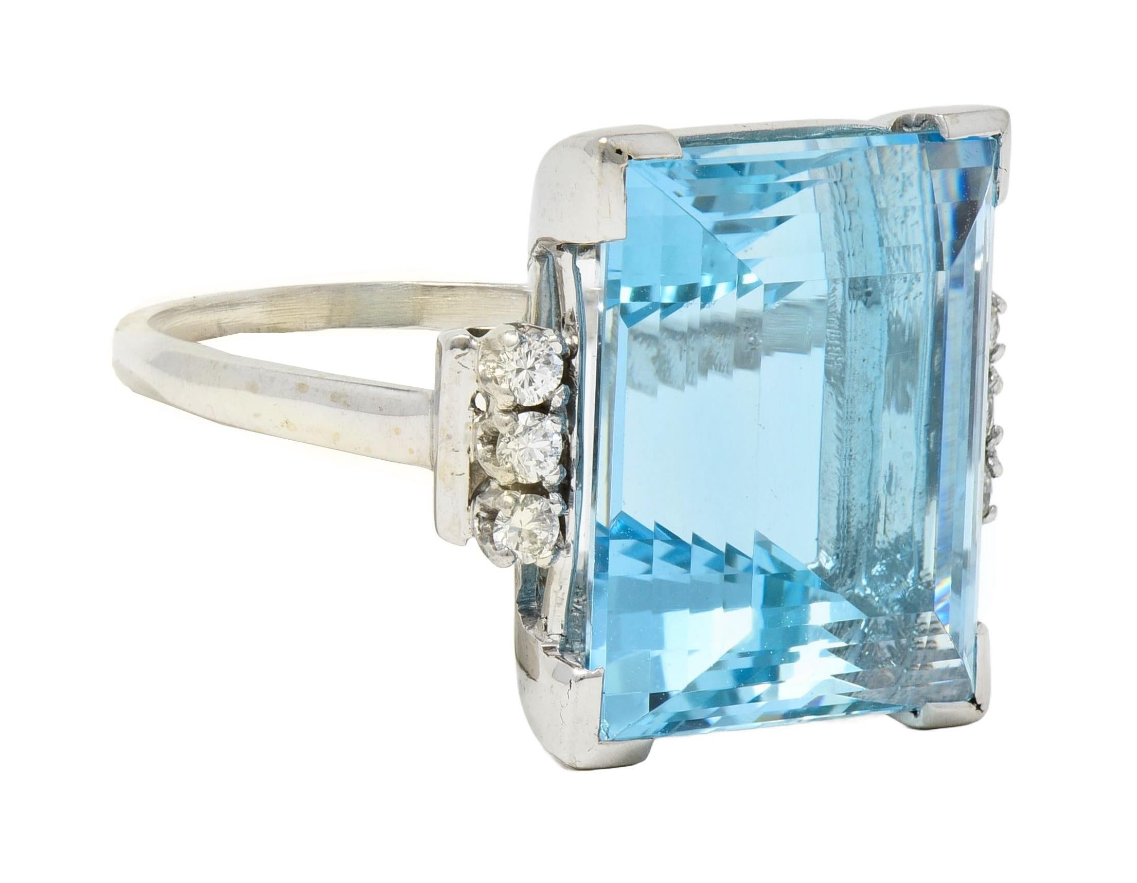 Mid-Century 19.50 CTW Aquamarine Diamond 18K White Gold Vintage Cocktail Ring