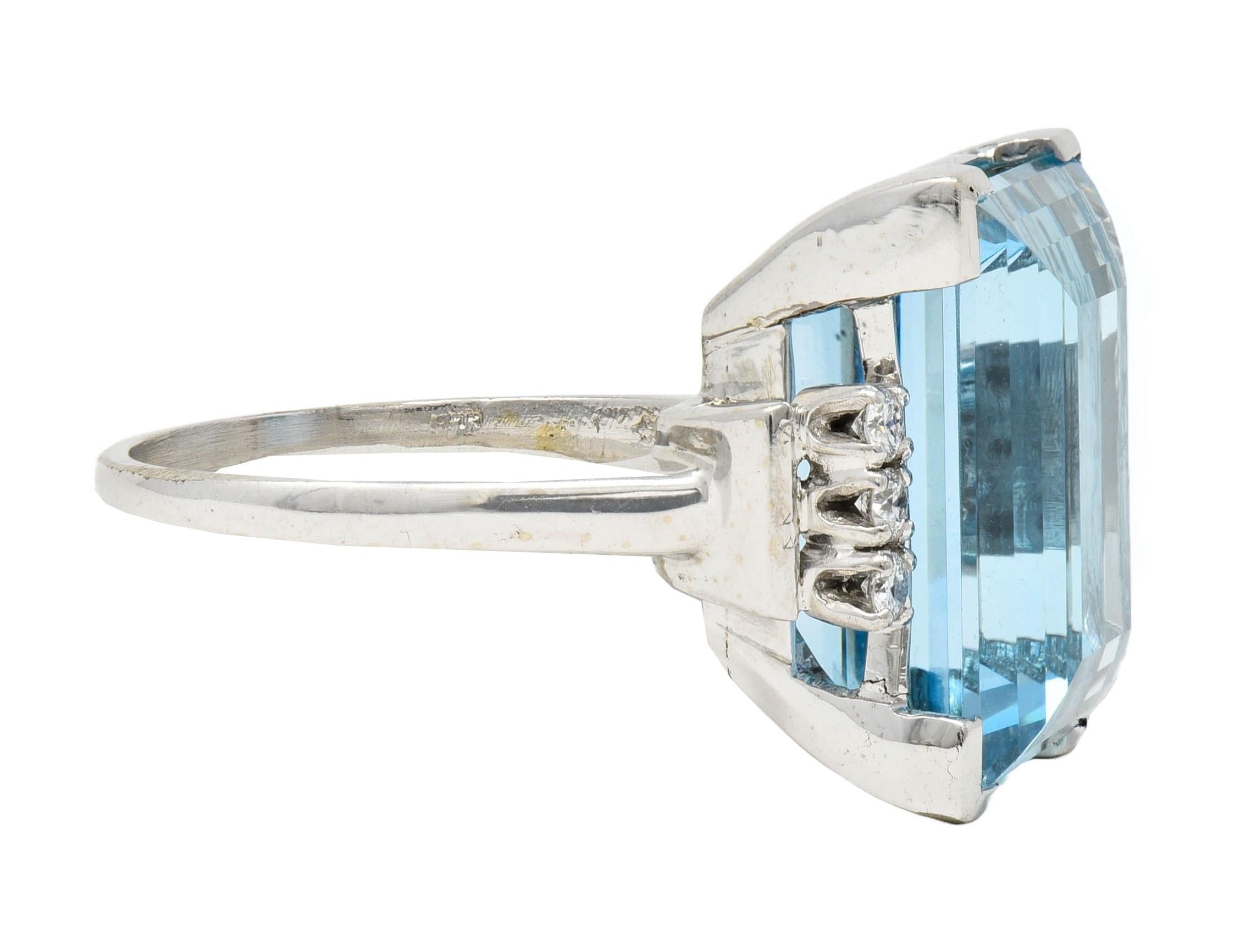 Mid-Century 19.50 CTW Aquamarine Diamond 18K White Gold Vintage Cocktail Ring