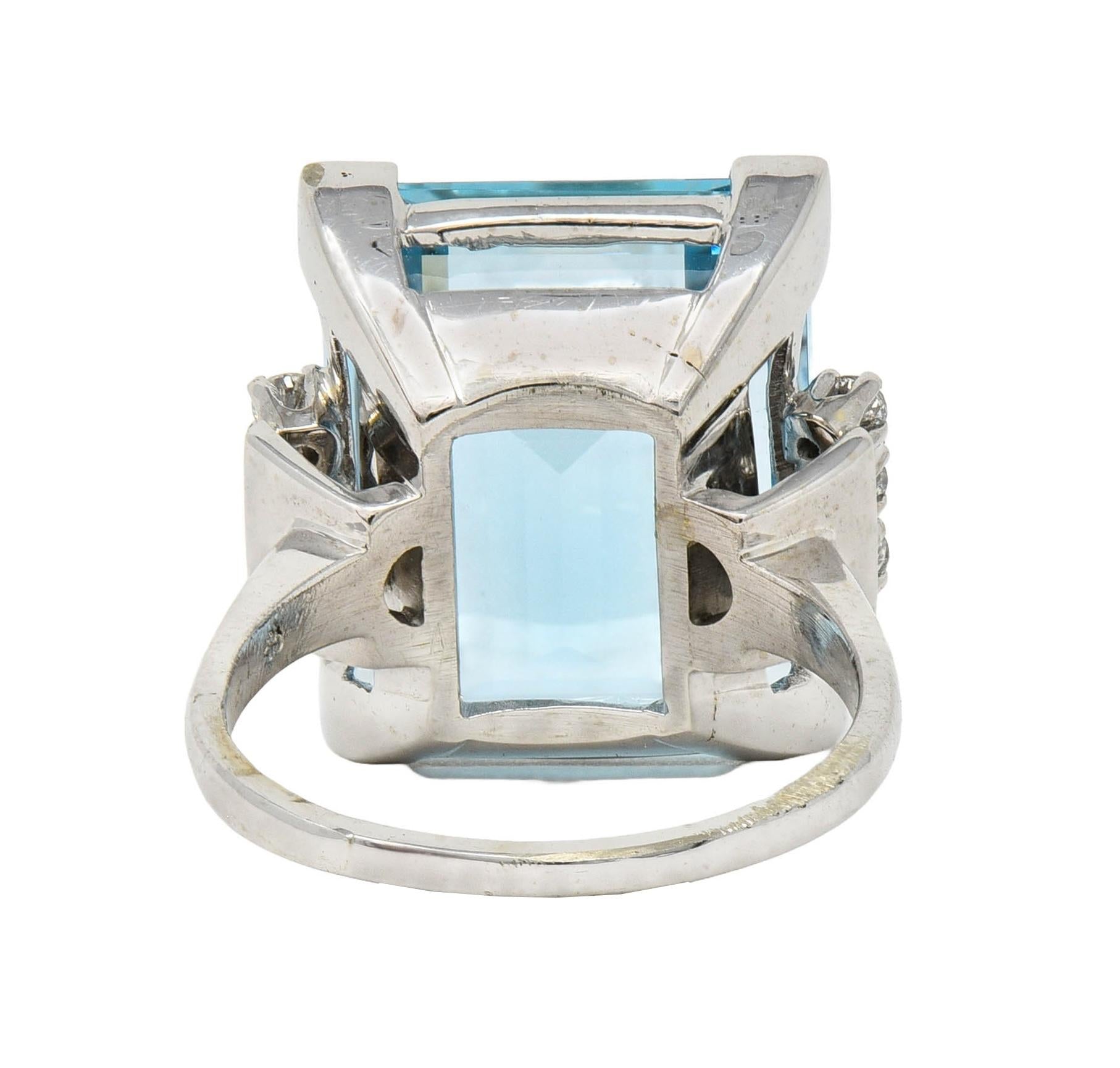 Mid-Century 19.50 CTW Aquamarine Diamond 18K White Gold Vintage Cocktail Ring