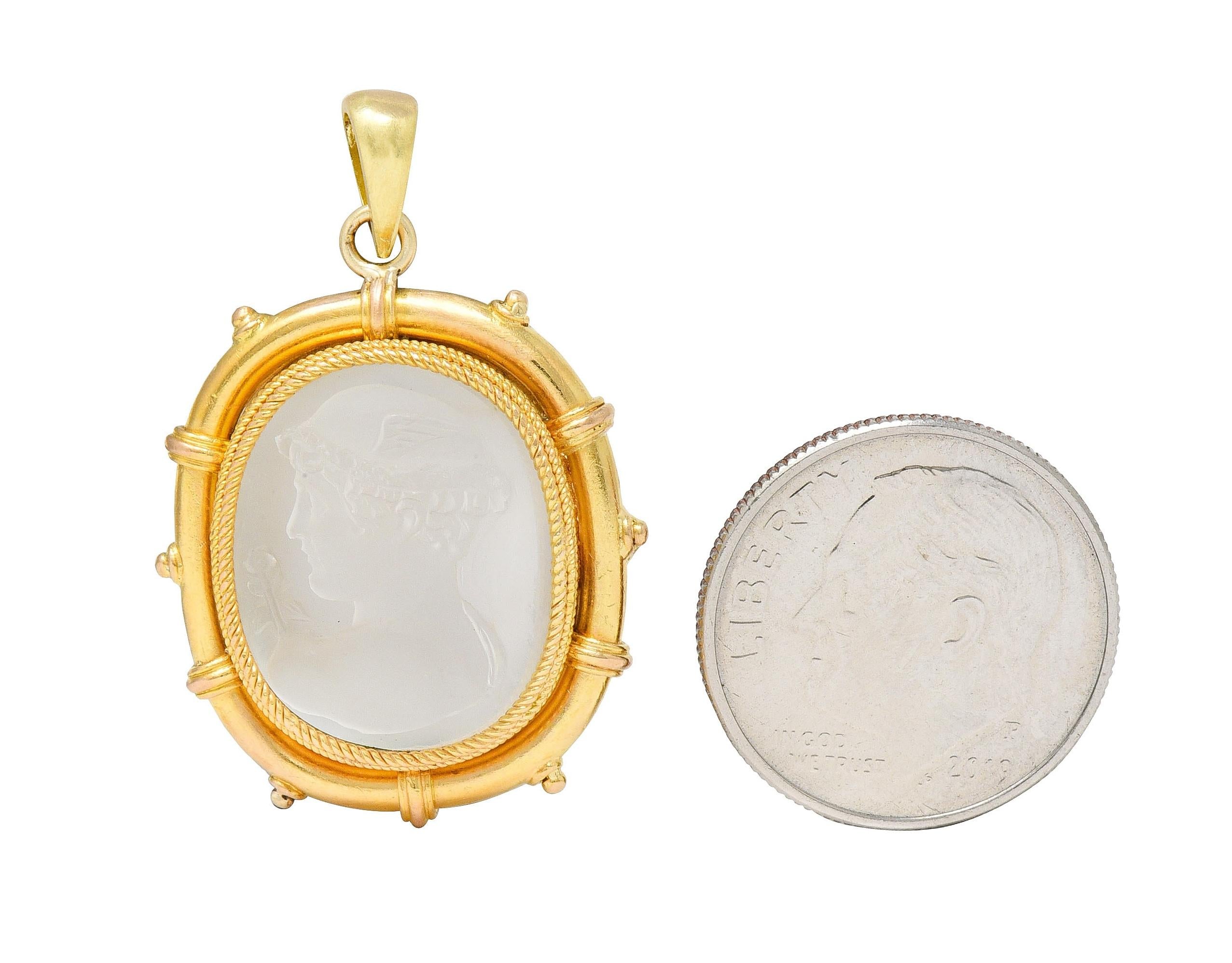 Victorian Carved Moonstone 14 Karat Yellow Gold Hermes Antique Cameo Pendant