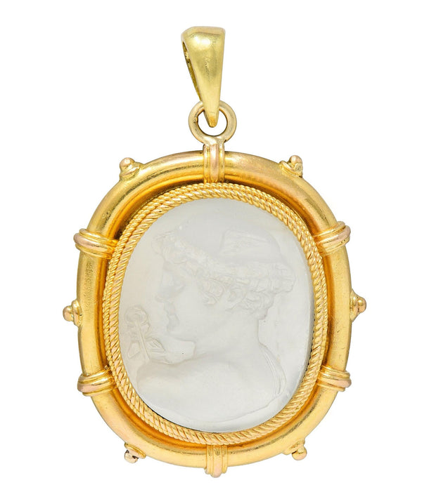 Victorian Carved Moonstone 14 Karat Yellow Gold Hermes Antique Cameo Pendant