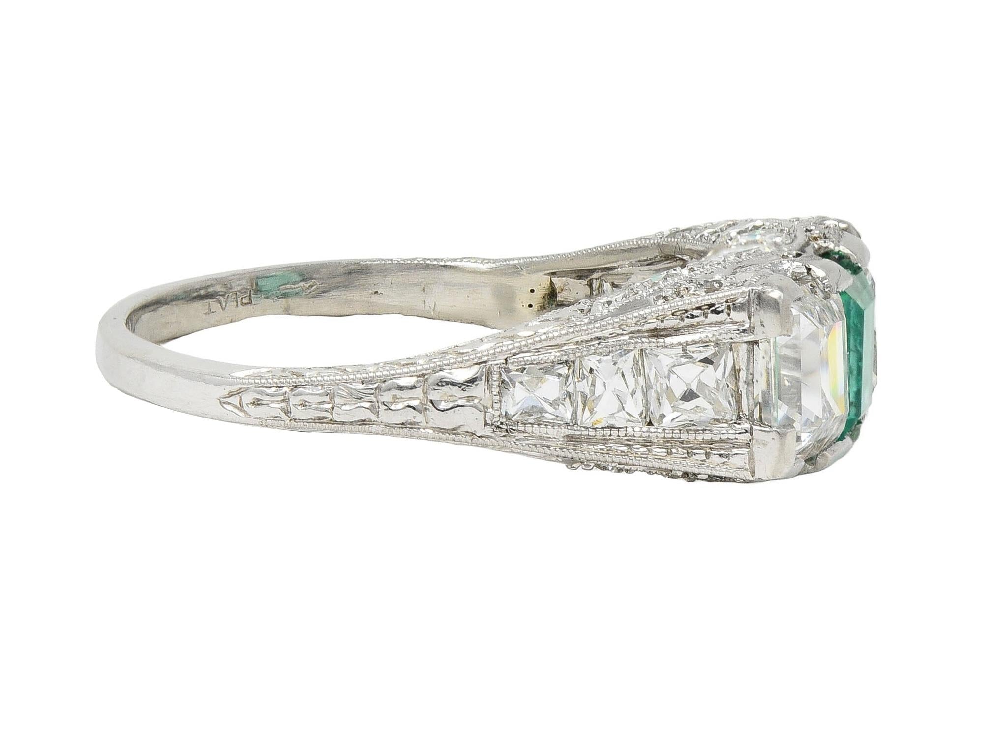 Art Deco 3.51 CTW Emerald Diamond Platinum Vintage Three Stone Ring