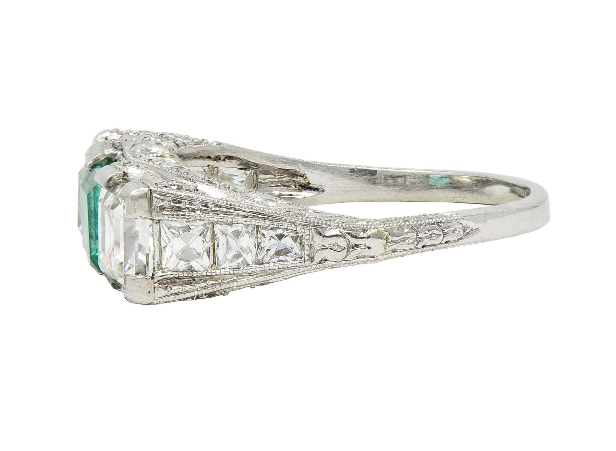 Art Deco 3.51 CTW Emerald Diamond Platinum Vintage Three Stone Ring