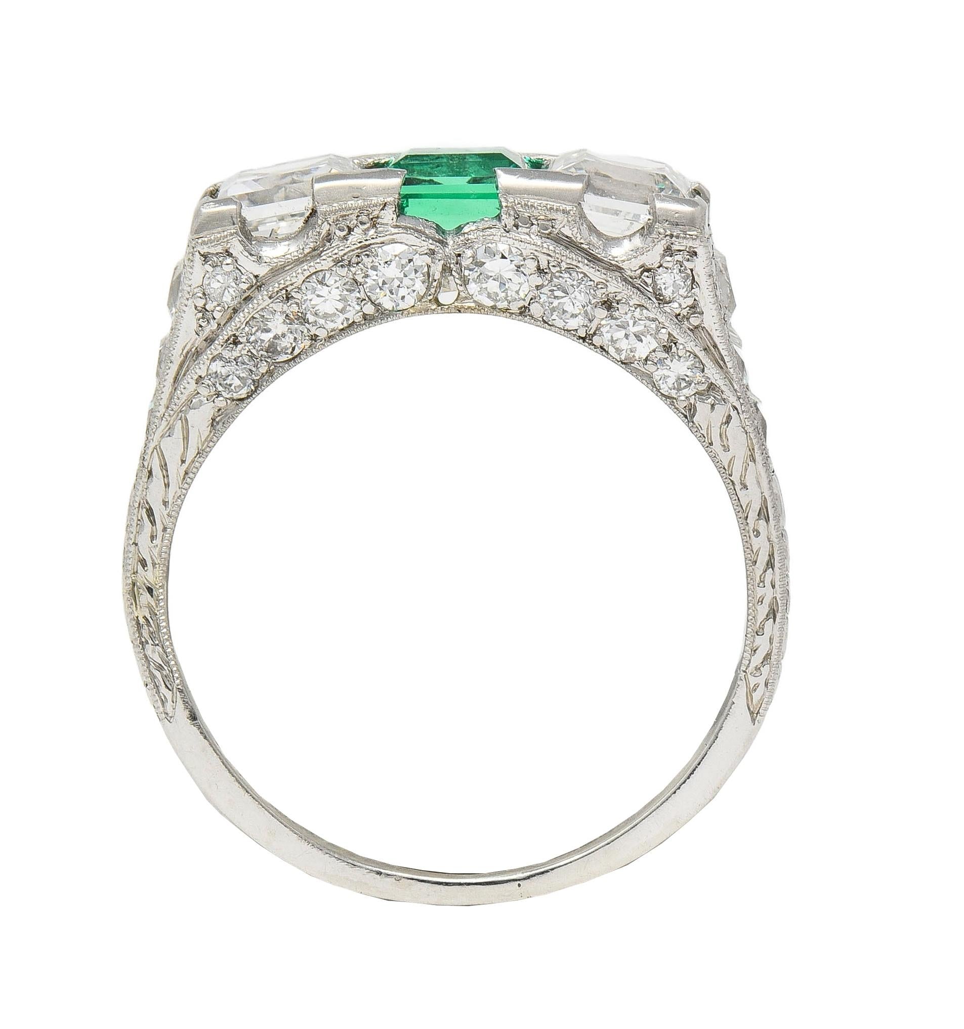 Art Deco 3.51 CTW Emerald Diamond Platinum Vintage Three Stone Ring