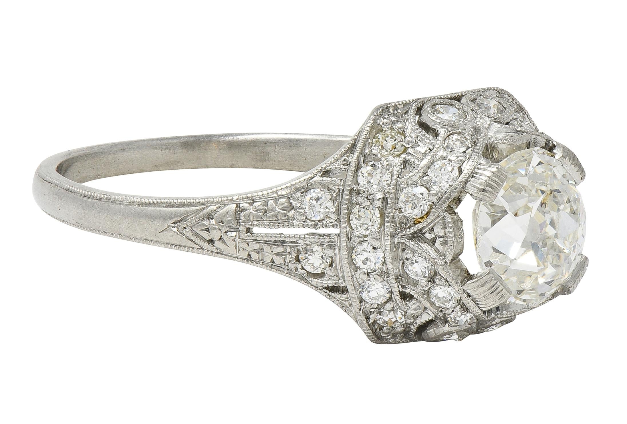 Art Deco 1.71 CTW Old Mine Cut Diamond Platinum Ribbon Vintage Engagement Ring