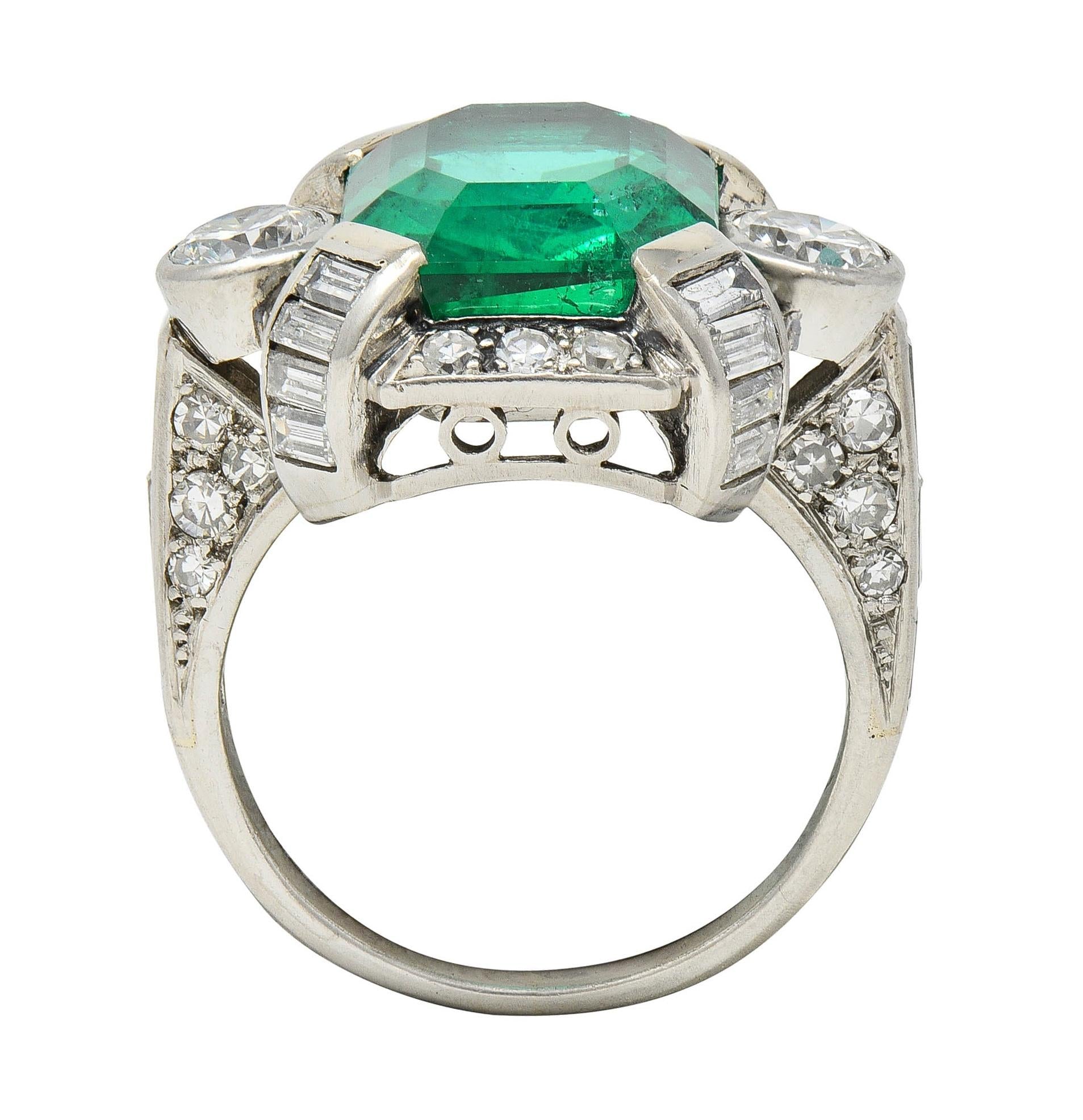 Mid-Century 9.90 CTW Colombian Emerald Diamond Platinum Vintage Ring AGL