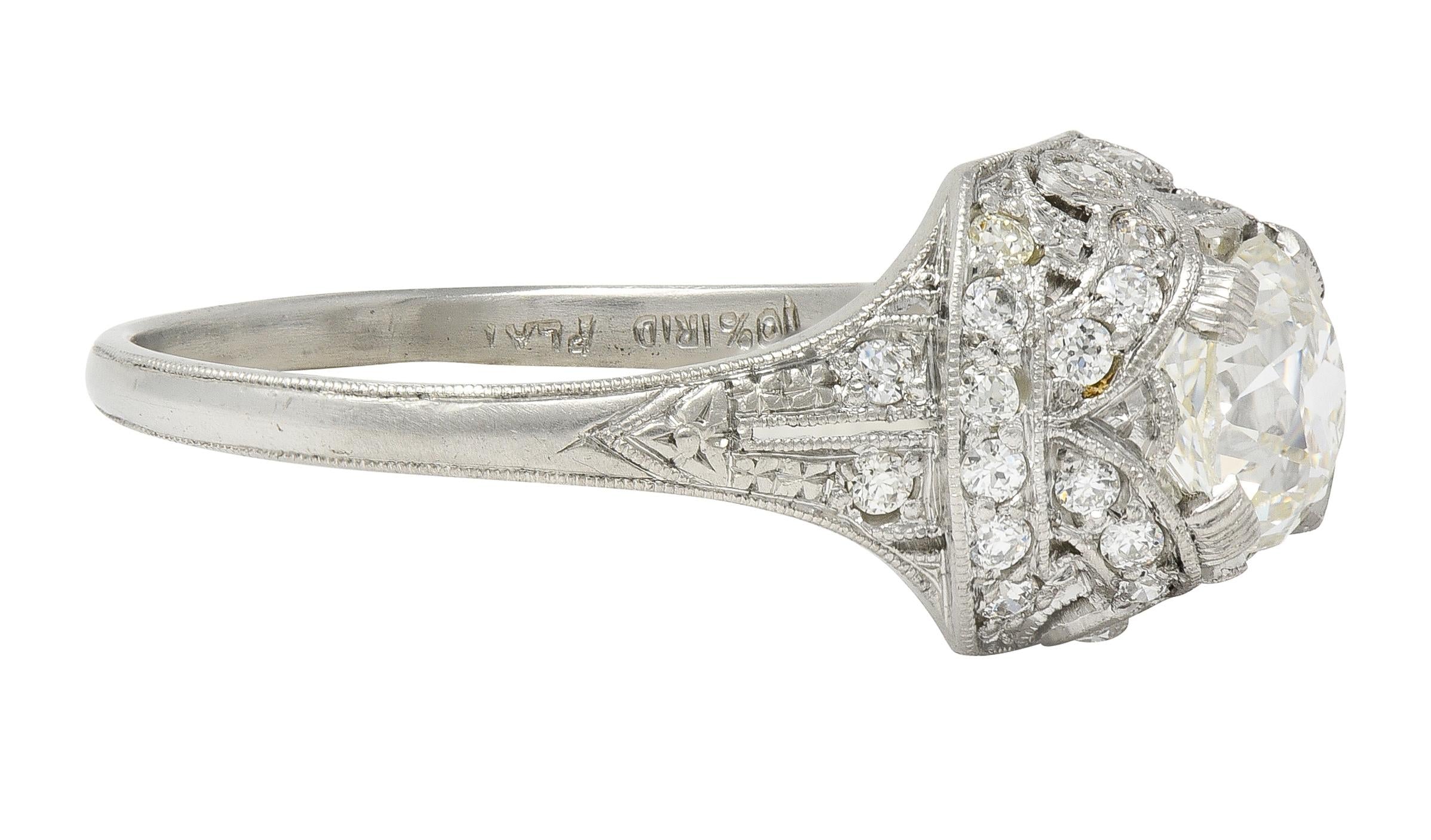 Art Deco 1.71 CTW Old Mine Cut Diamond Platinum Ribbon Vintage Engagement Ring