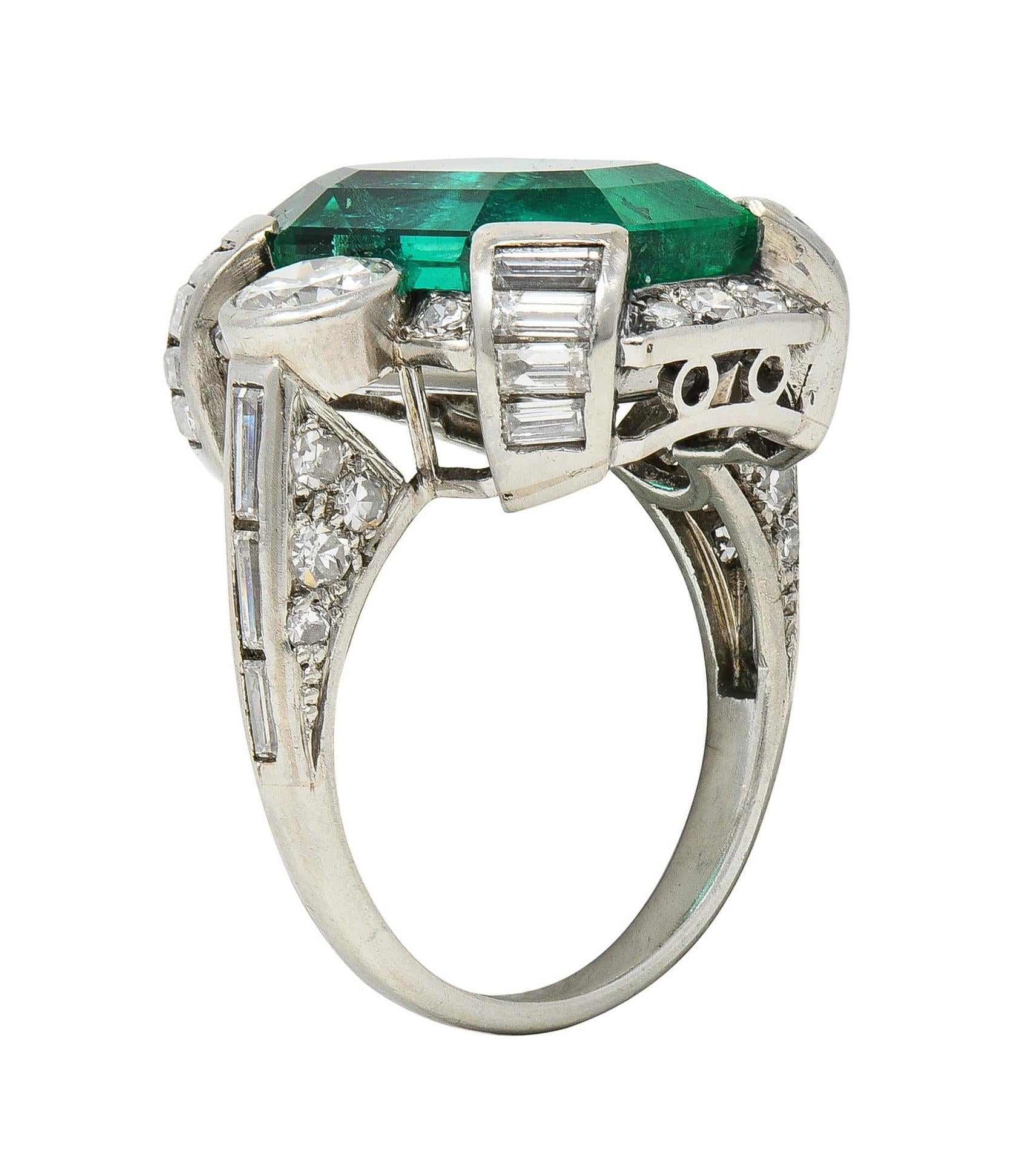 Mid-Century 9.90 CTW Colombian Emerald Diamond Platinum Vintage Ring AGL