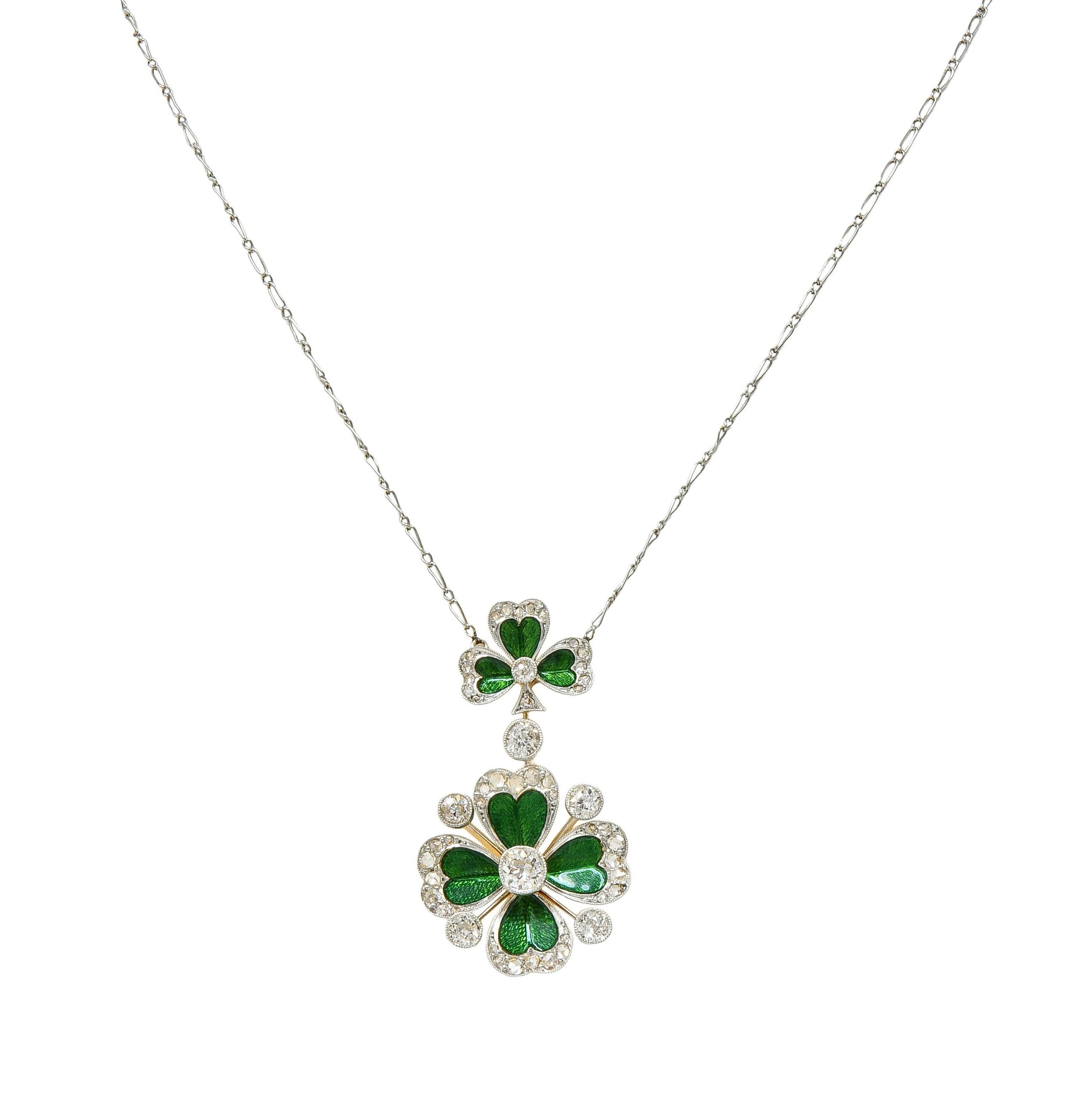 Edwardian Diamond Enamel Platinum 18 Karat Gold Antique Clover Station Necklace