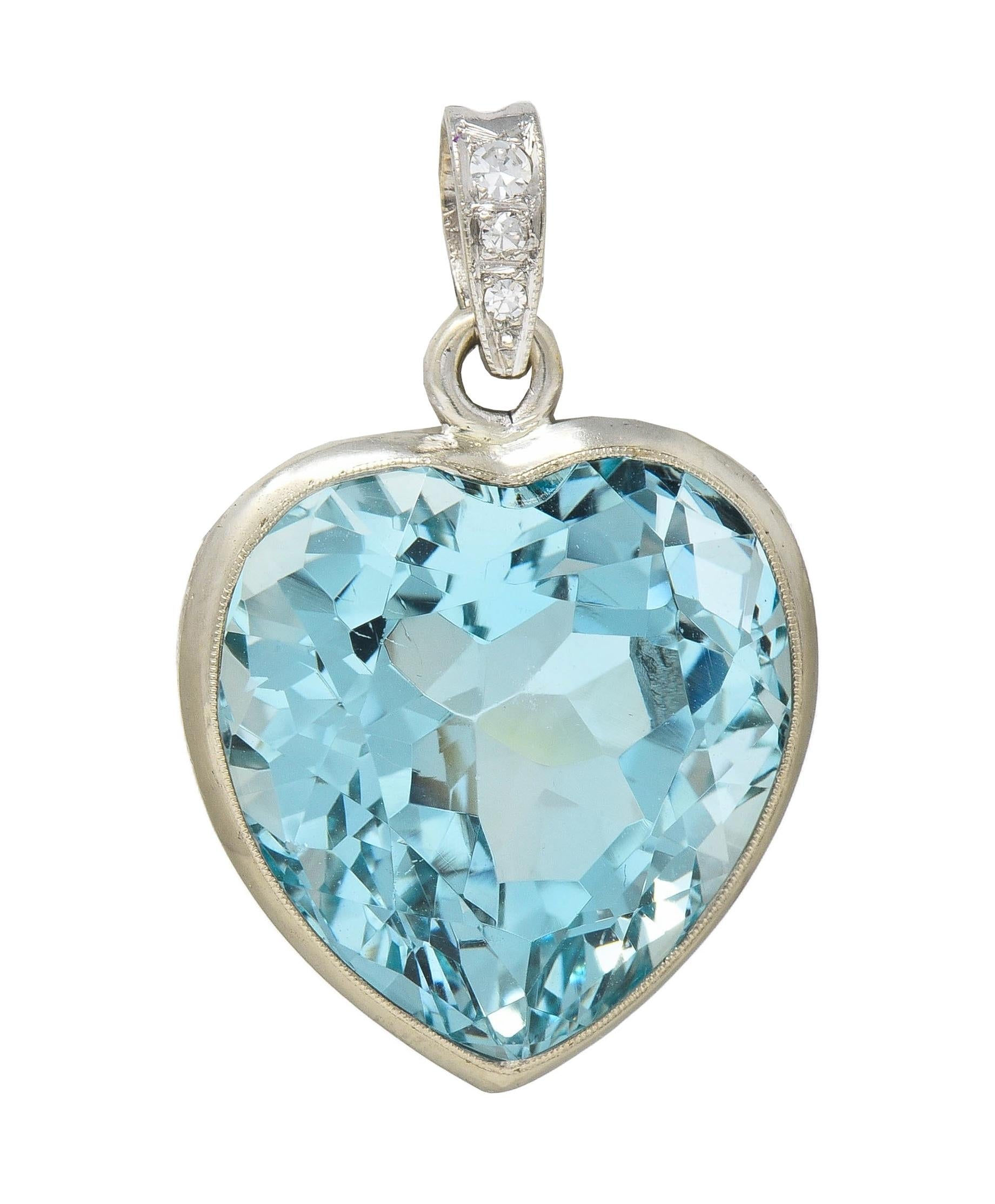 Art Deco 24.55 CTW Aquamarine Diamond 14 Karat White Gold Vintage Heart Pendant