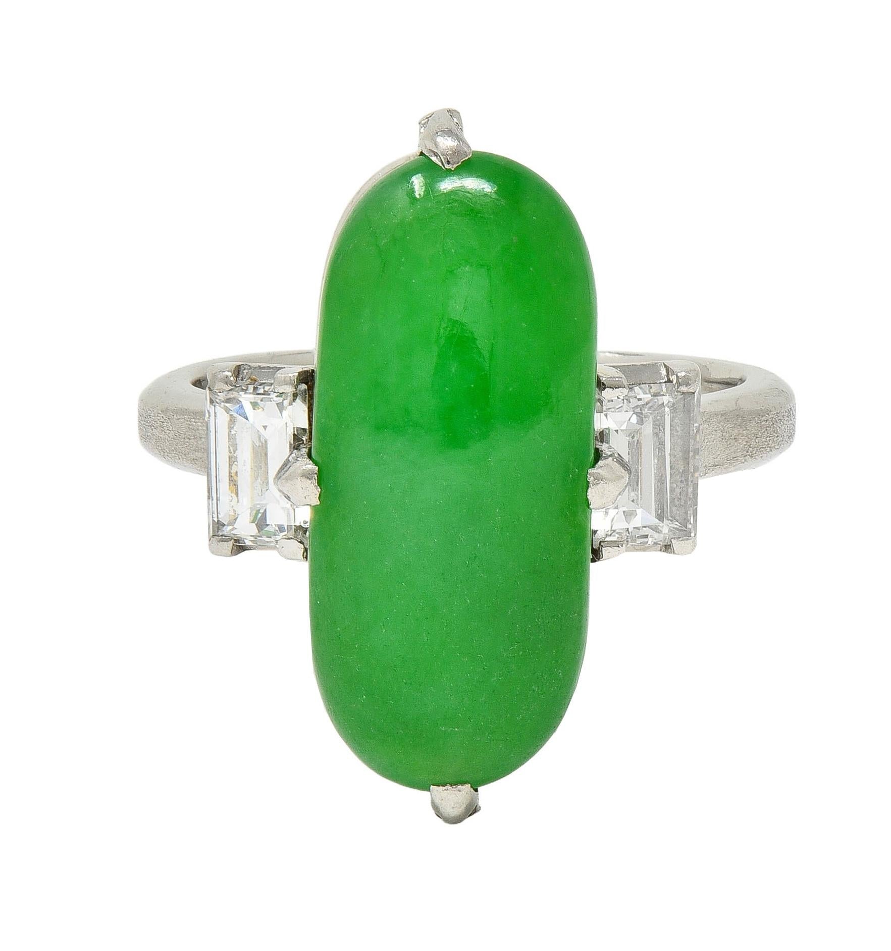 Mid-Century Natural Fei Cui Jadeite Jade Diamond Platinum Vintage Ring GIA