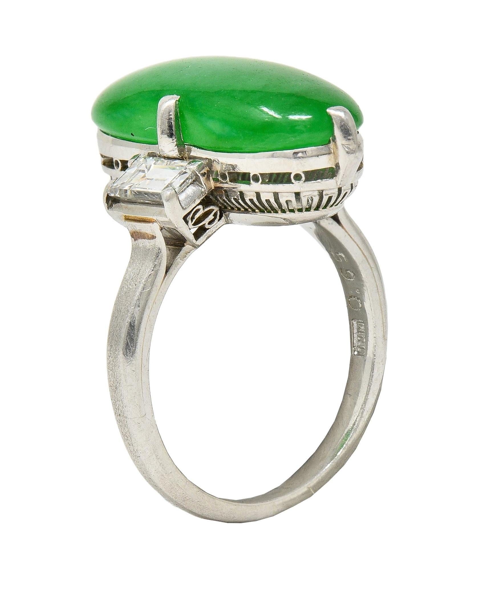 Mid-Century Natural Fei Cui Jadeite Jade Diamond Platinum Vintage Ring GIA