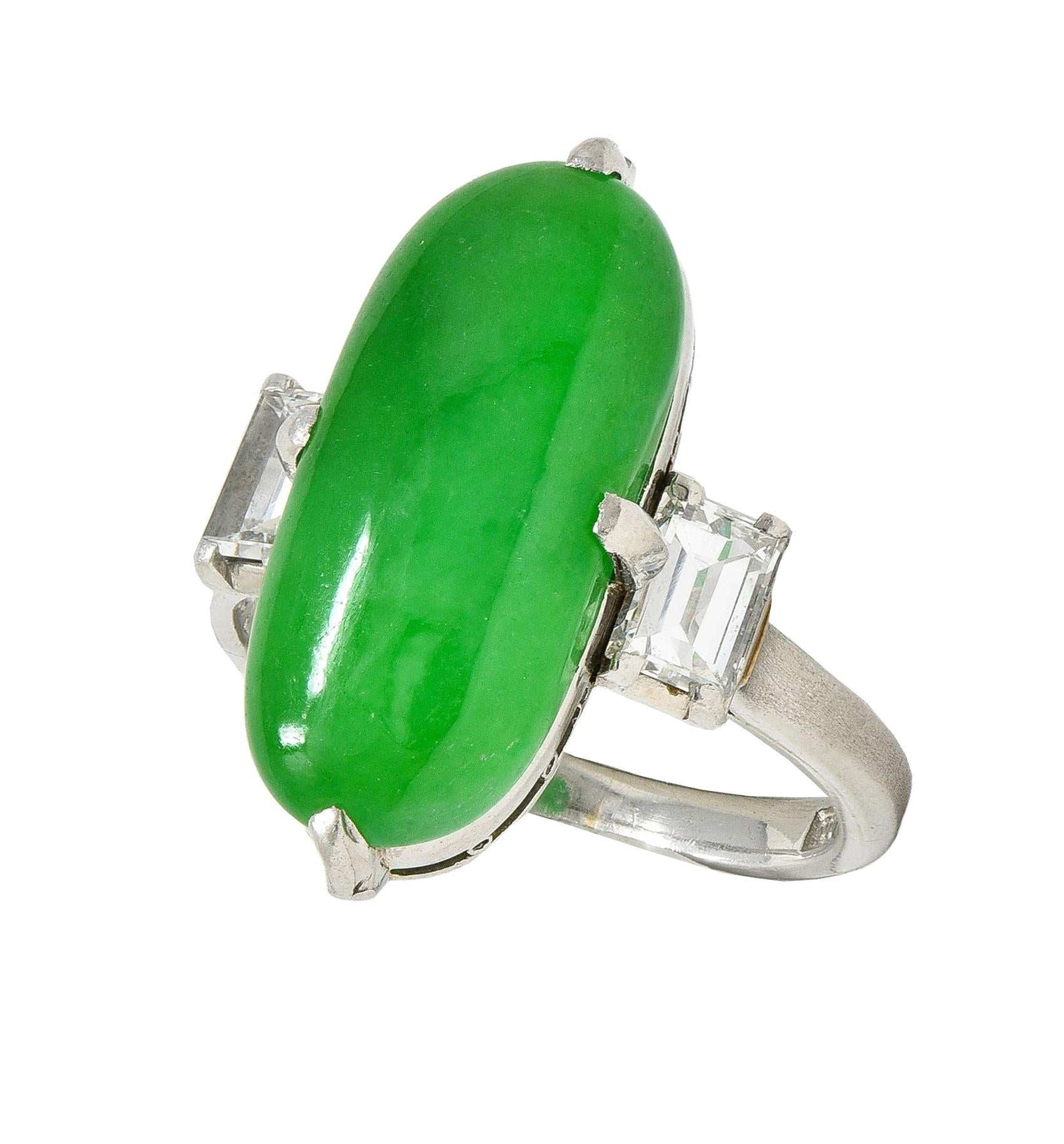 Mid-Century Natural Fei Cui Jadeite Jade Diamond Platinum Vintage Ring GIA