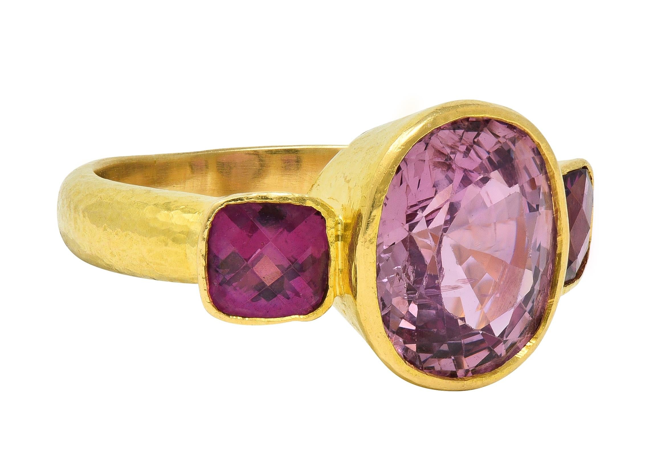 Elizabeth Locke Spinel Rhodolite Garnet 19 Karat Hammered Gold Gemstone Ring