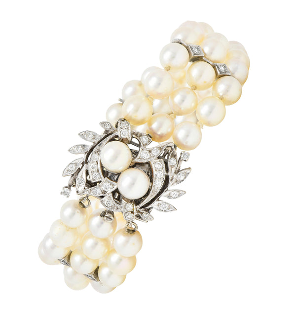Mid-Century Diamond Pearl 14 Karat Gold Foliate Multi-Strand Vintage Bracelet