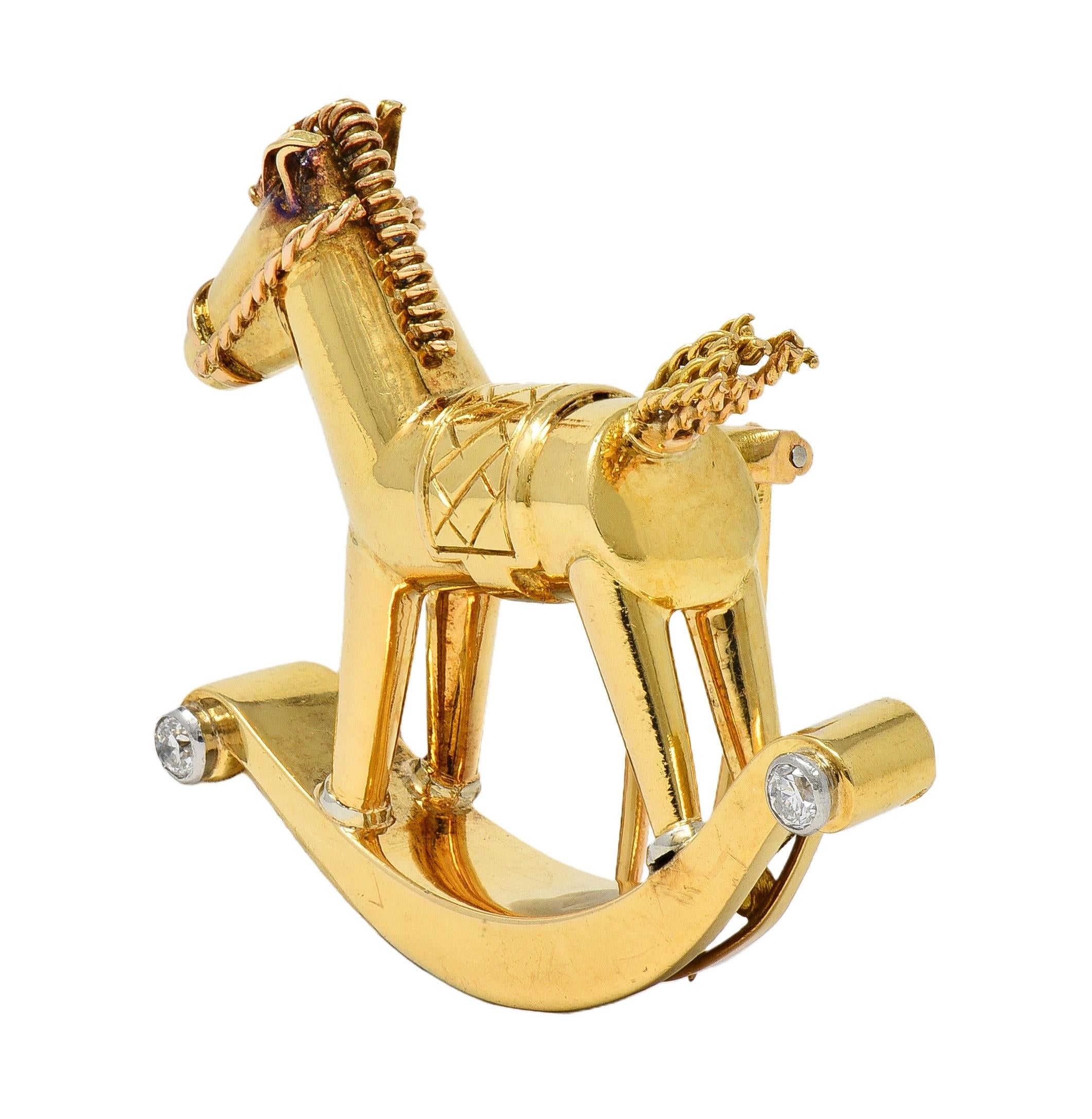 1950's French Diamond Platinum 18 Karat Yellow Gold Vintage Rocking Horse Brooch