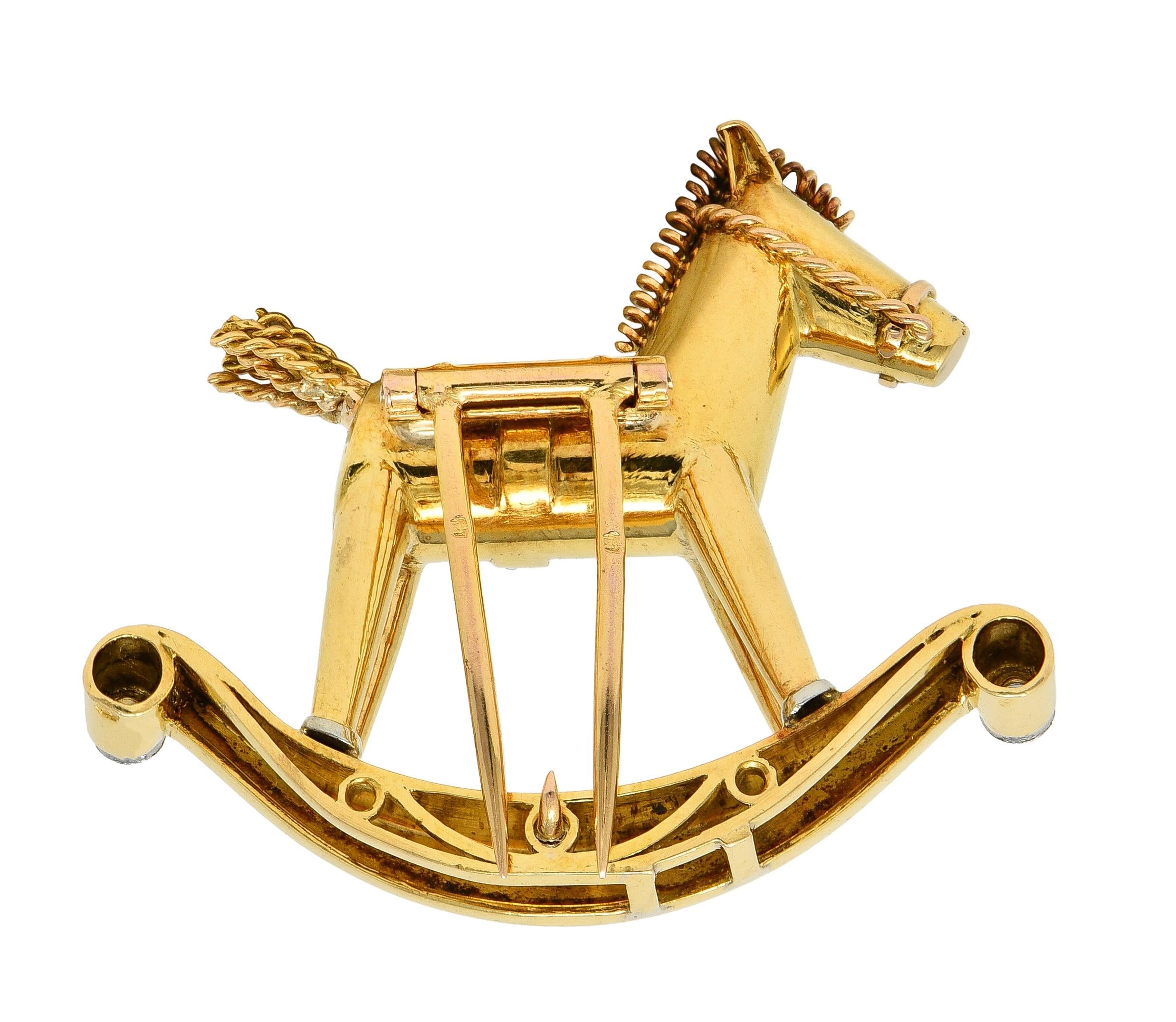 1950's French Diamond Platinum 18 Karat Yellow Gold Vintage Rocking Horse Brooch