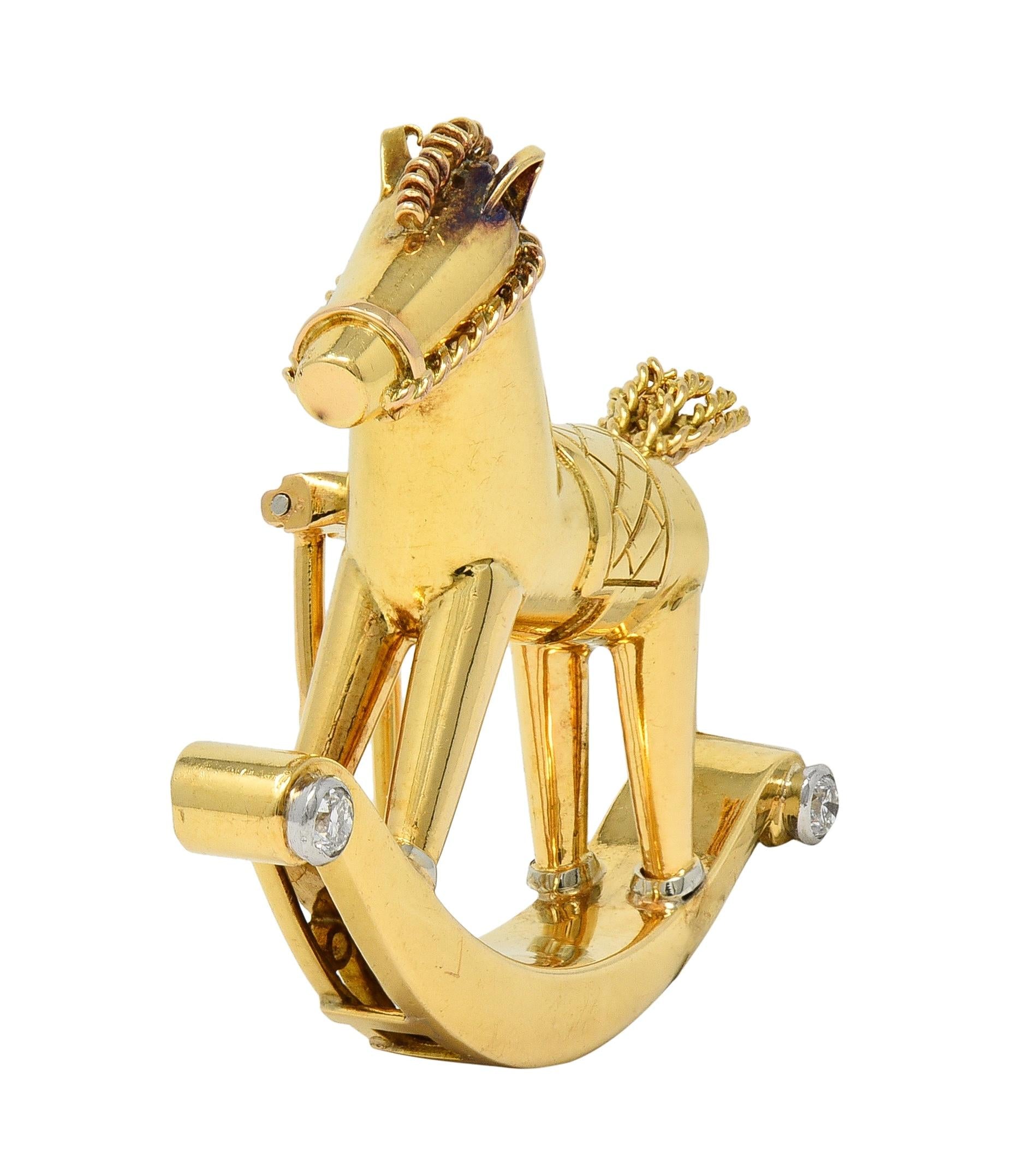 1950's French Diamond Platinum 18 Karat Yellow Gold Vintage Rocking Horse Brooch