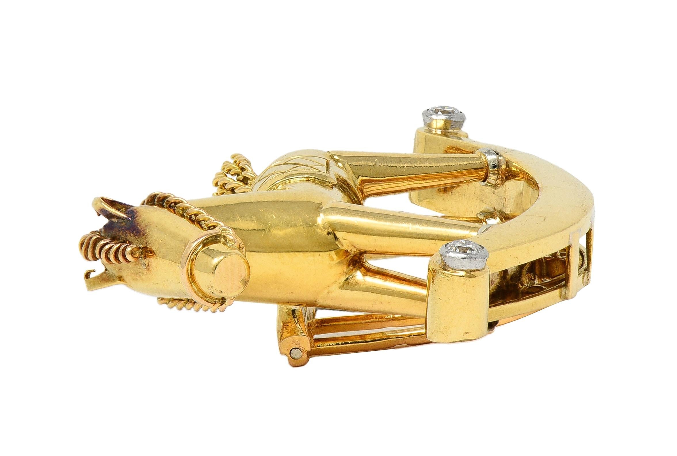 1950's French Diamond Platinum 18 Karat Yellow Gold Vintage Rocking Horse Brooch