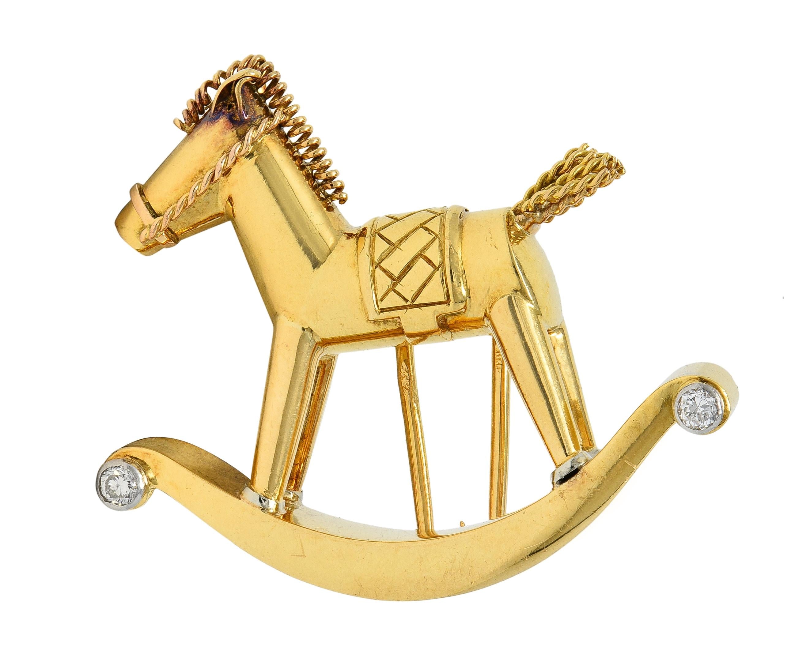 1950's French Diamond Platinum 18 Karat Yellow Gold Vintage Rocking Horse Brooch