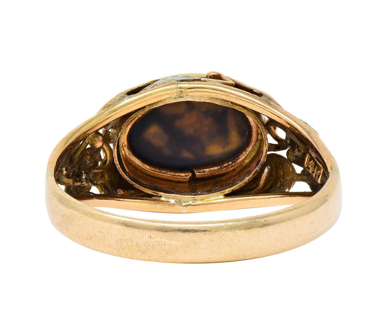 Arts & Crafts Black Opal Platinum 14 Karat Gold Antique Unisex Foliate Ring