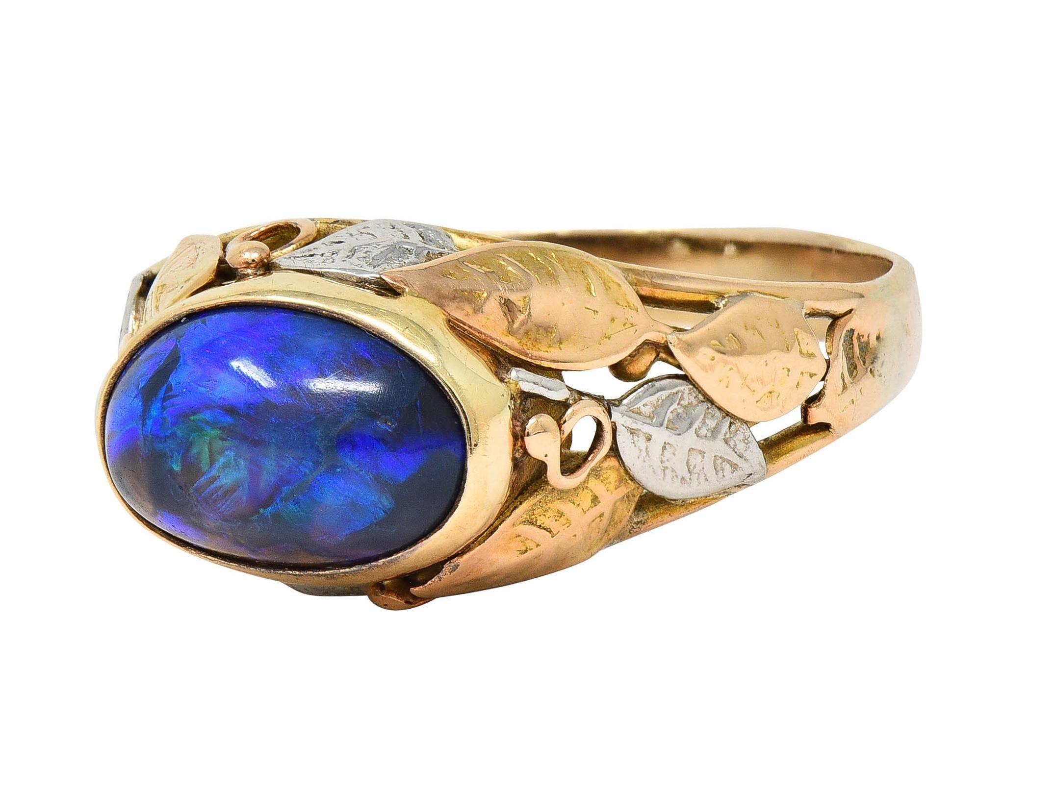 Arts & Crafts Black Opal Platinum 14 Karat Gold Antique Unisex Foliate Ring