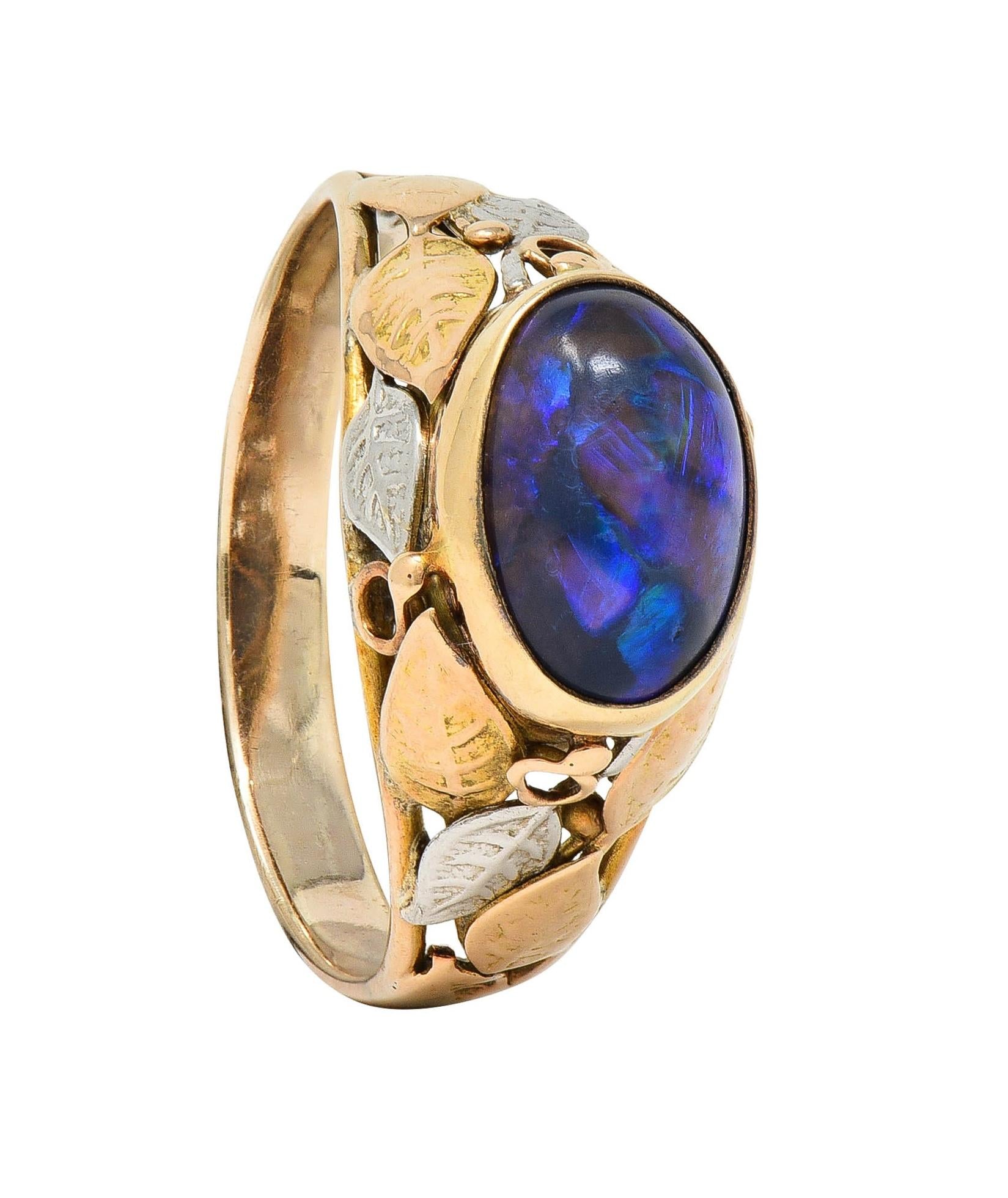 Arts & Crafts Black Opal Platinum 14 Karat Gold Antique Unisex Foliate Ring