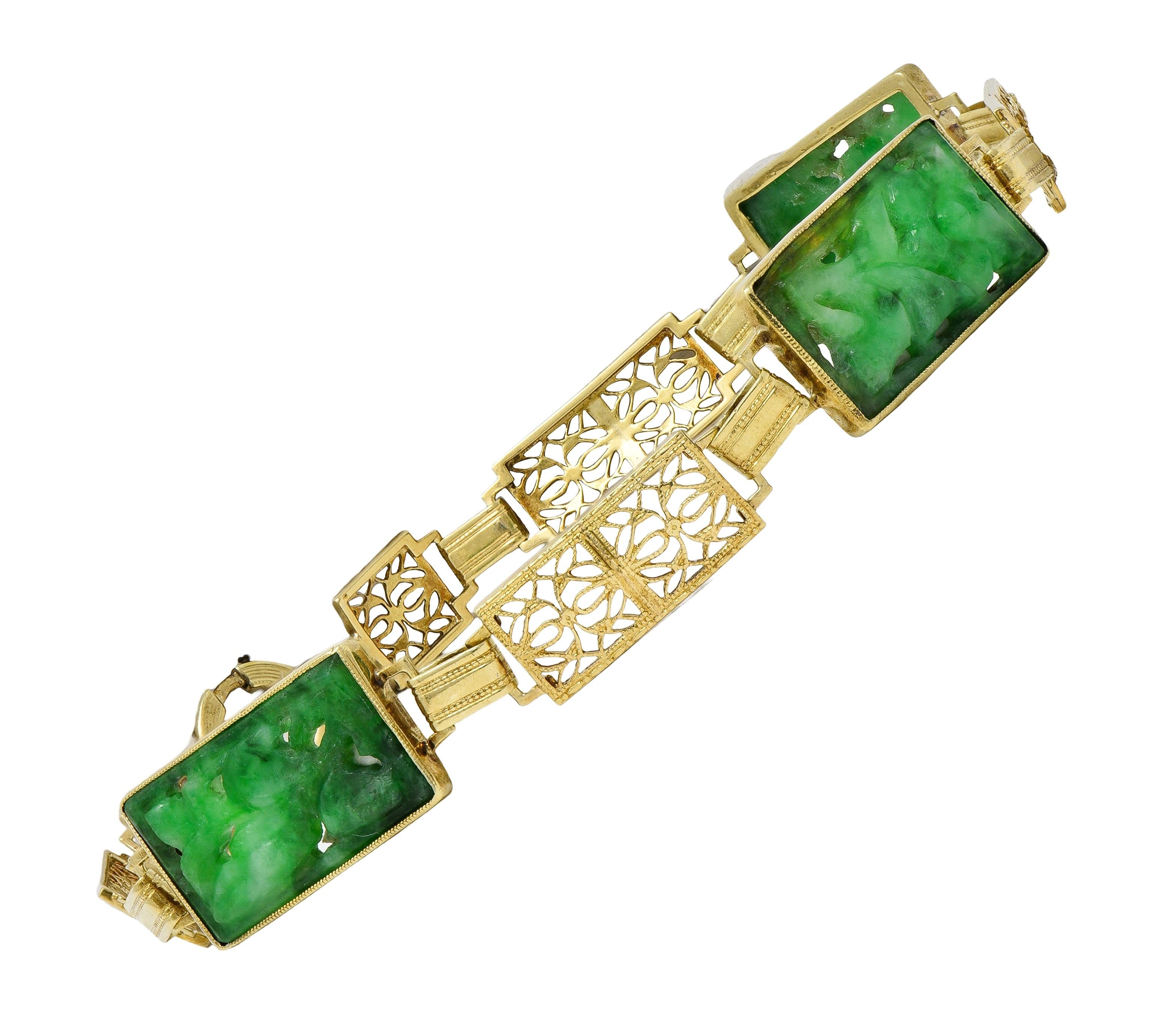 Fritzsche & Co. Art Deco Carved Jade 14 Karat Gold Antique Floral Link Bracelet