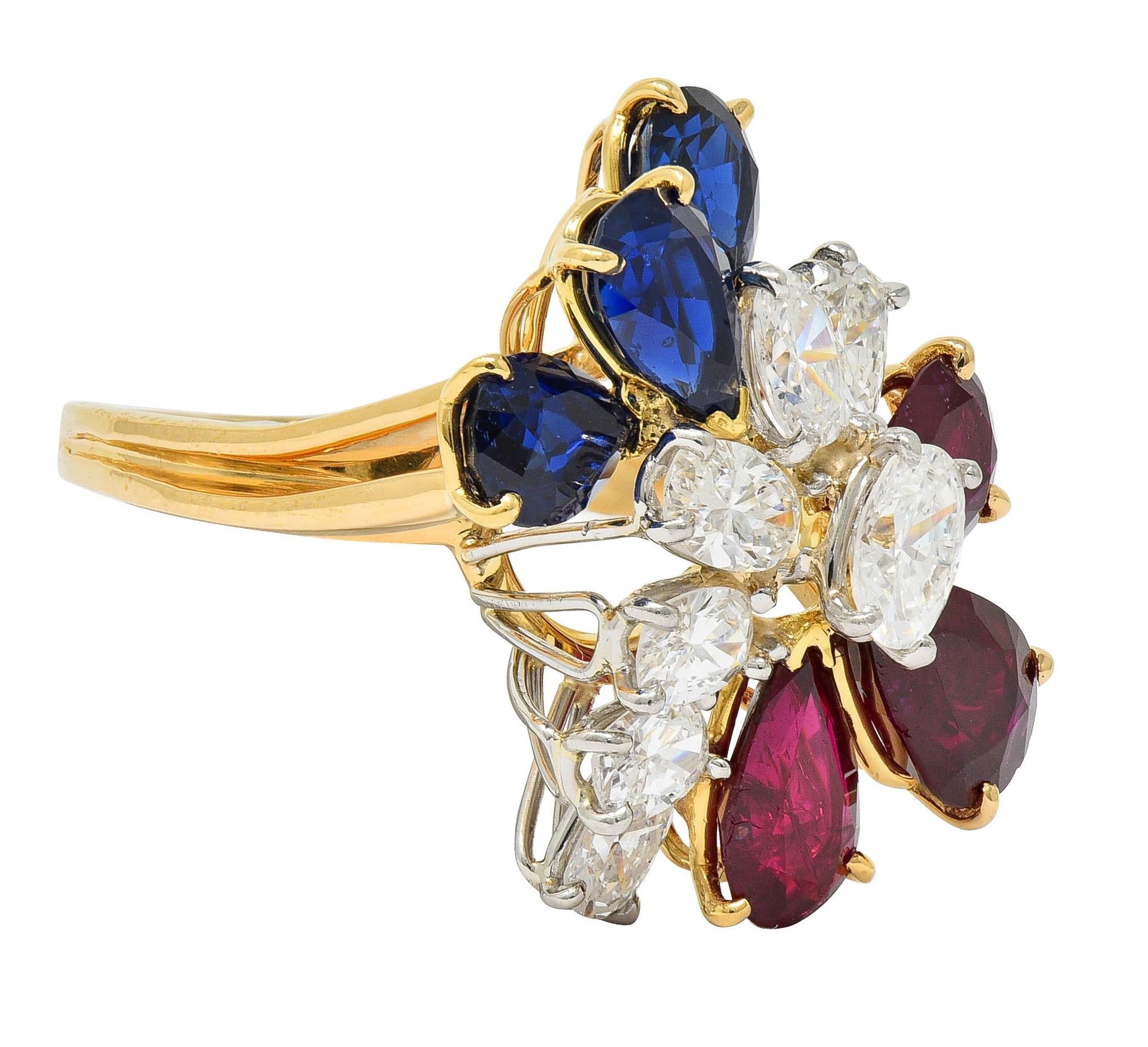 Oscar Heyman Diamond Ruby Sapphire Platinum 18K Gold Cluster Ring