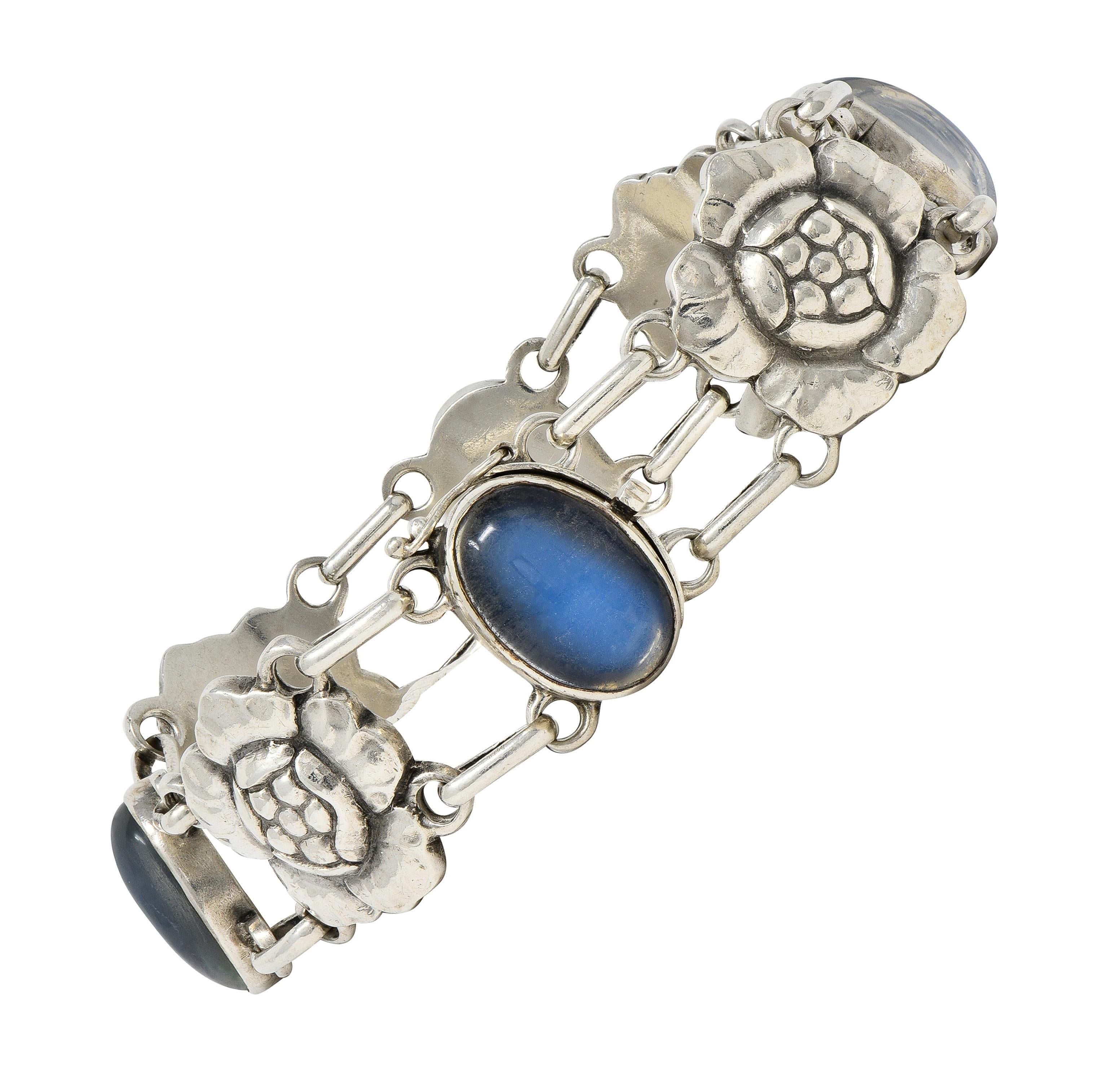 Georg Jensen Moonstone Sterling Silver Vintage Flower Link Bracelet