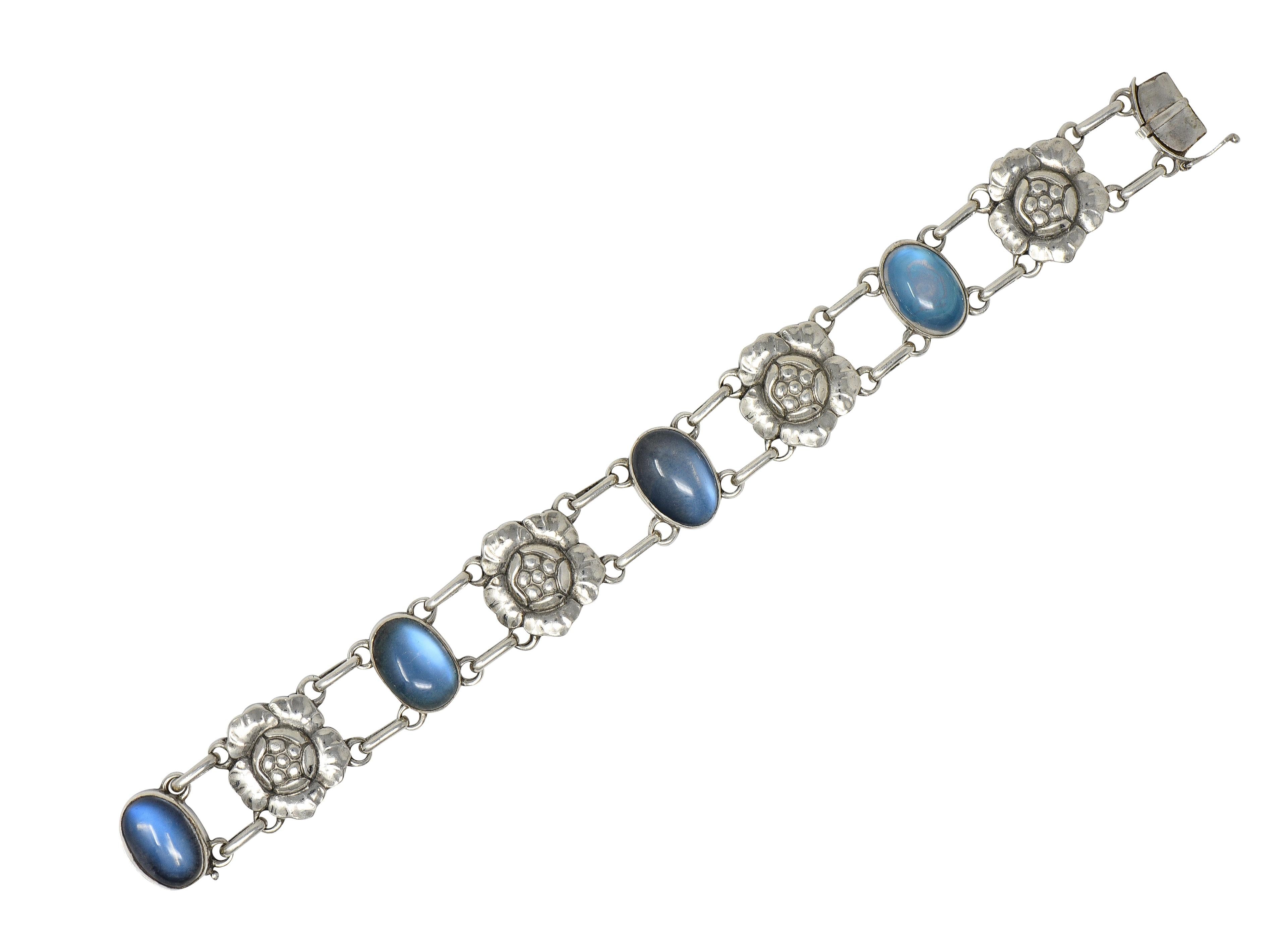 Georg Jensen Moonstone Sterling Silver Vintage Flower Link Bracelet