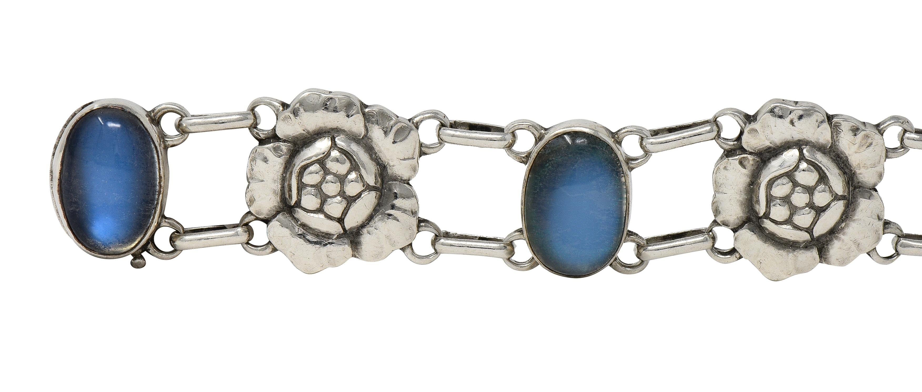 Georg Jensen Moonstone Sterling Silver Vintage Flower Link Bracelet