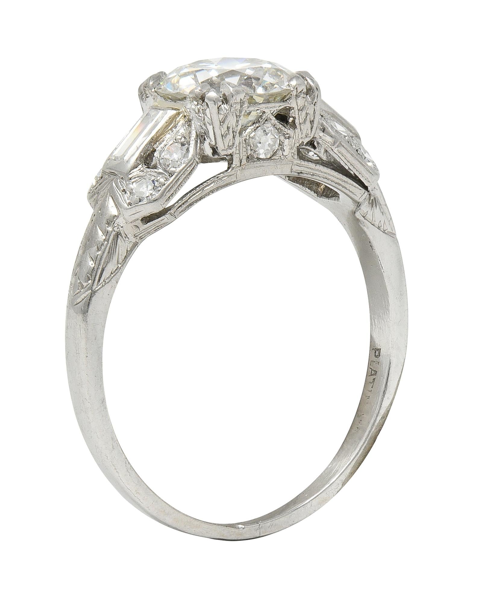 Art Deco 1.88 CTW Old European Cut Diamond Platinum Wheat Square Engagement Ring