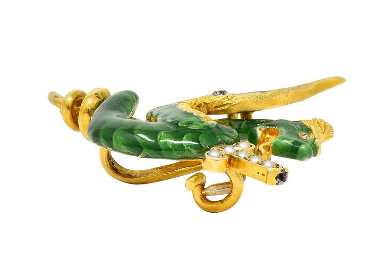 Riker Bros Art Nouveau Diamond Pearl Enamel 14K Gold Dragon Sword Antique Brooch