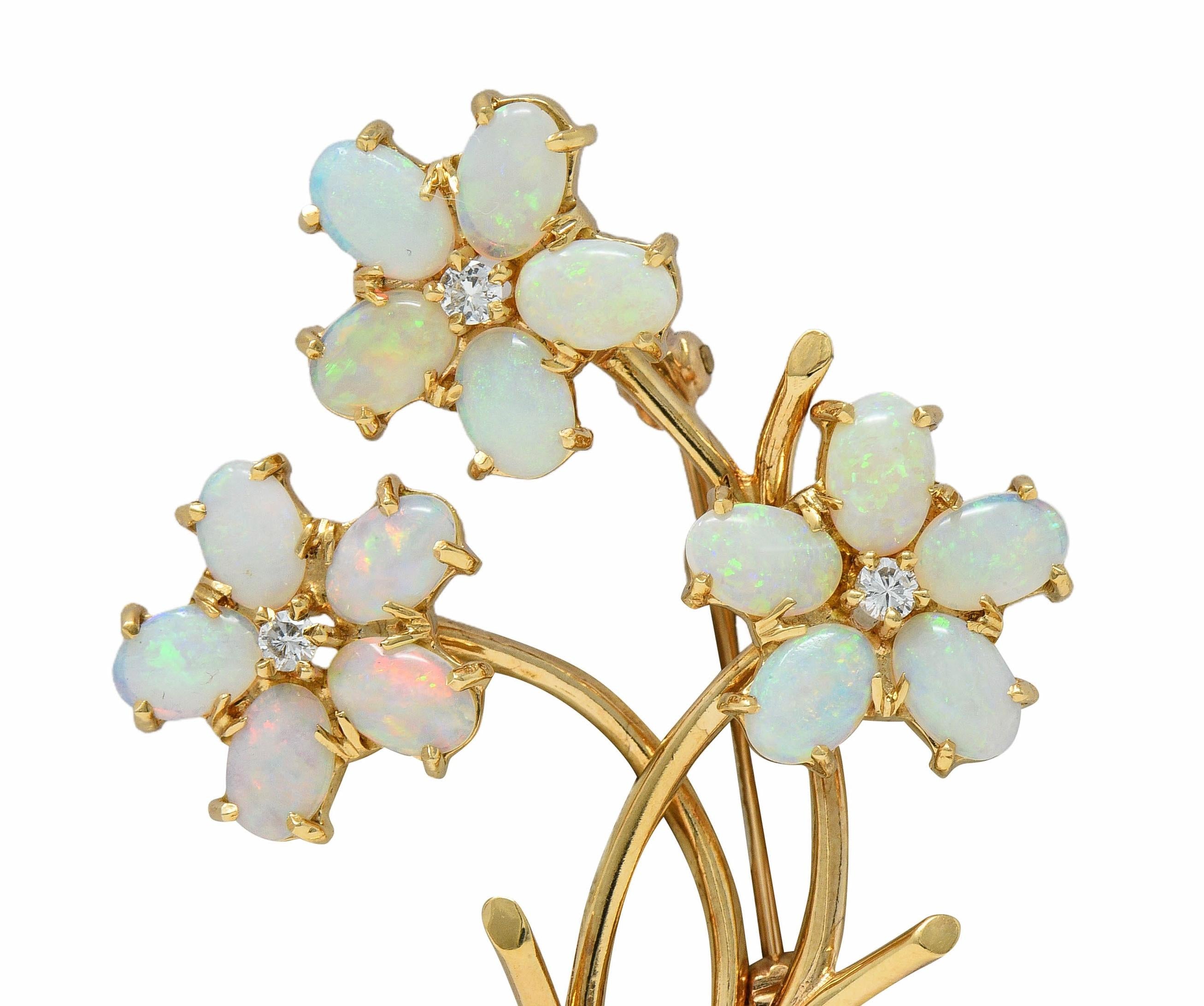 Retro Diamond Opal 14 Karat Yellow Gold Vintage Floral Brooch