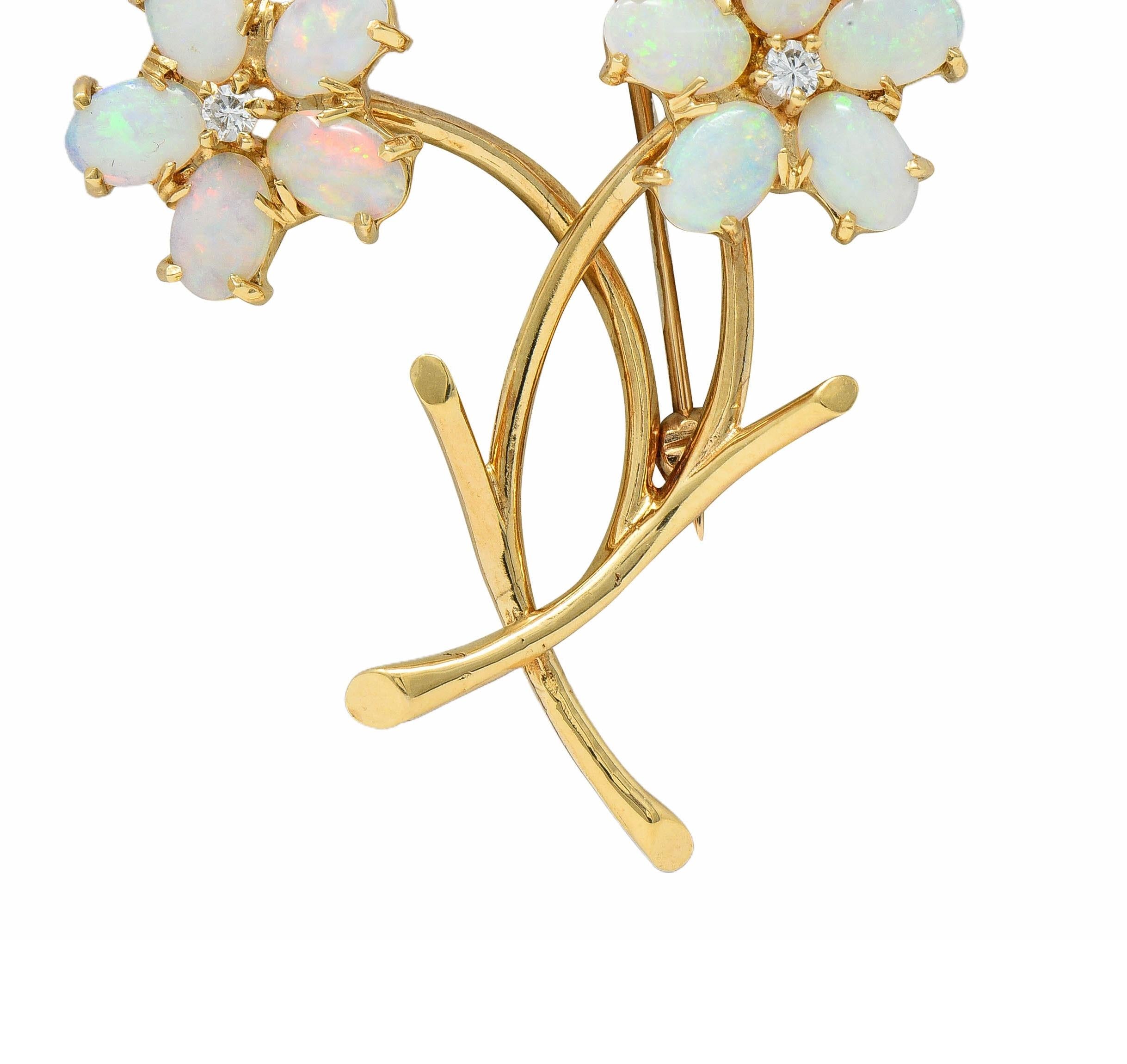 Retro Diamond Opal 14 Karat Yellow Gold Vintage Floral Brooch