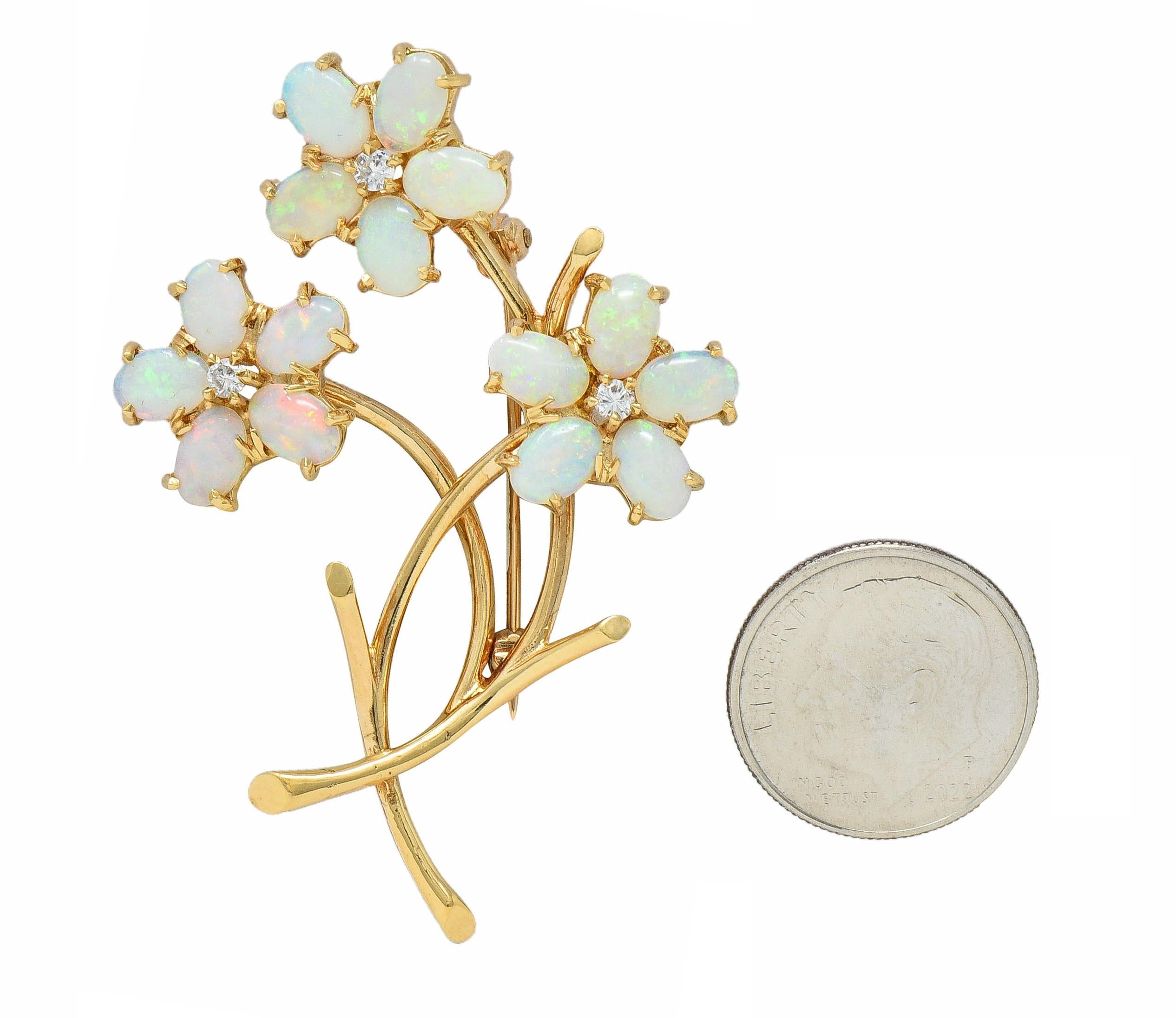 Retro Diamond Opal 14 Karat Yellow Gold Vintage Floral Brooch