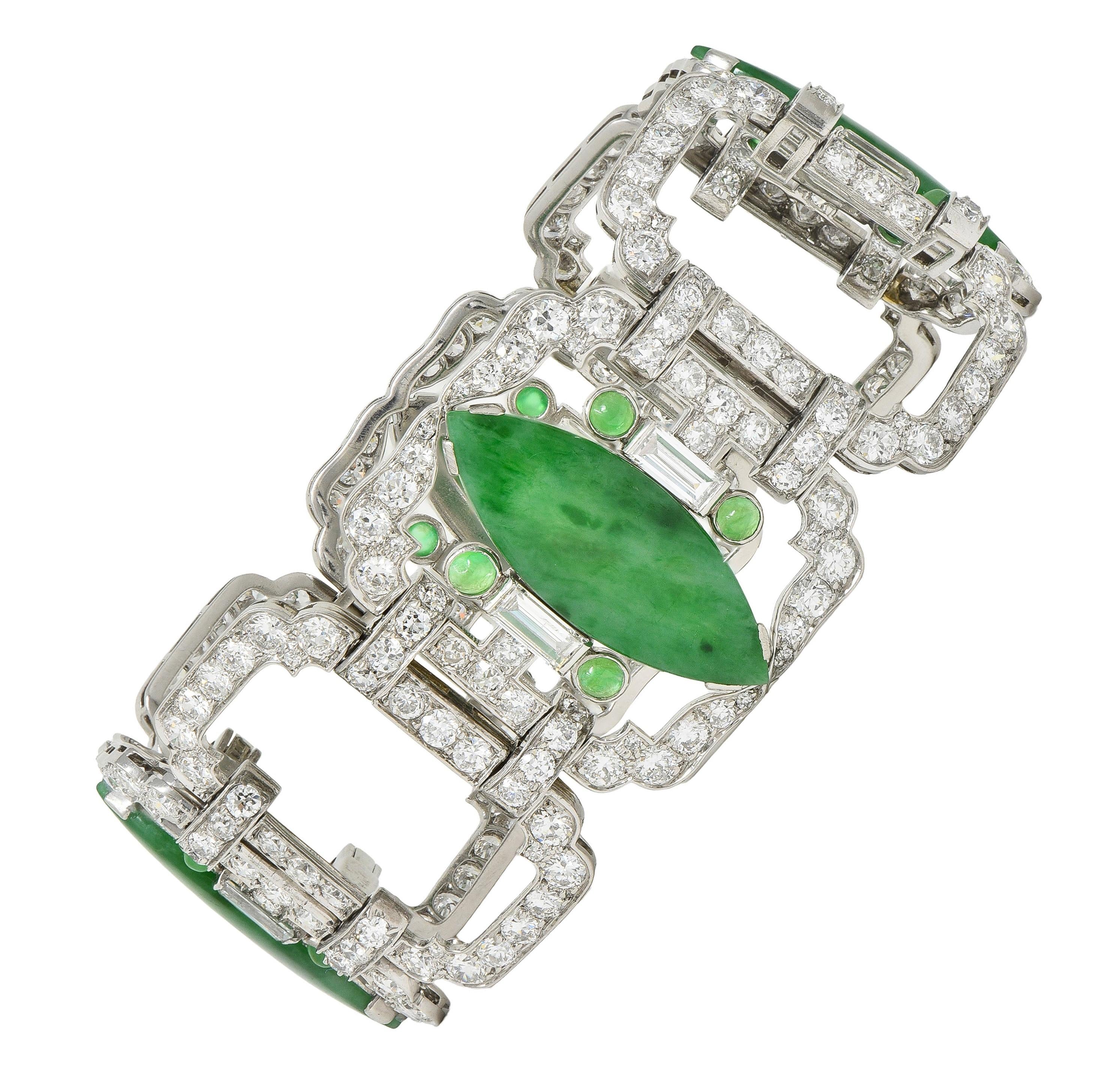 Black Starr & Frost Art Deco 17.30 CTW Diamond Jade Platinum Vintage Bracelet