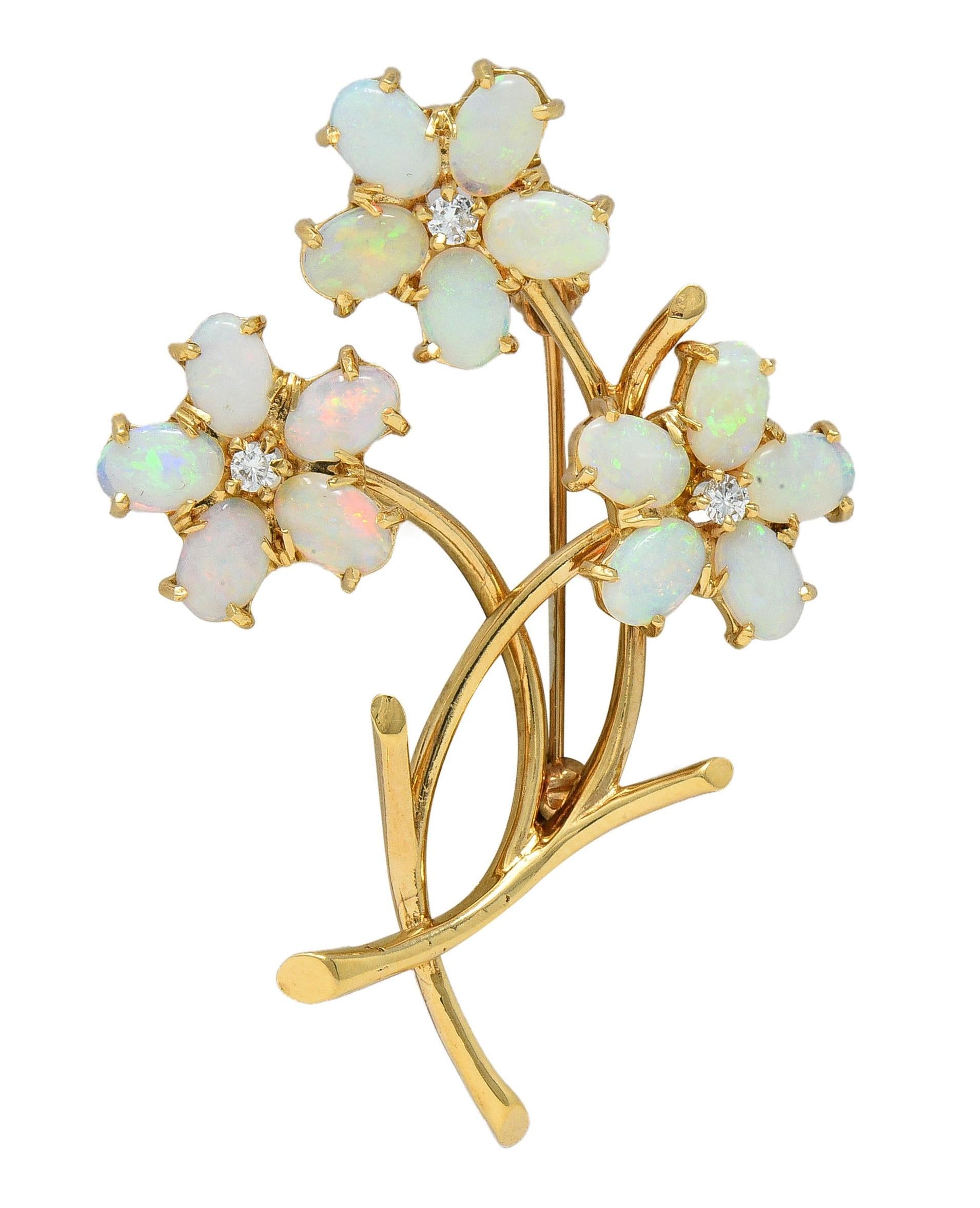 Retro Diamond Opal 14 Karat Yellow Gold Vintage Floral Brooch