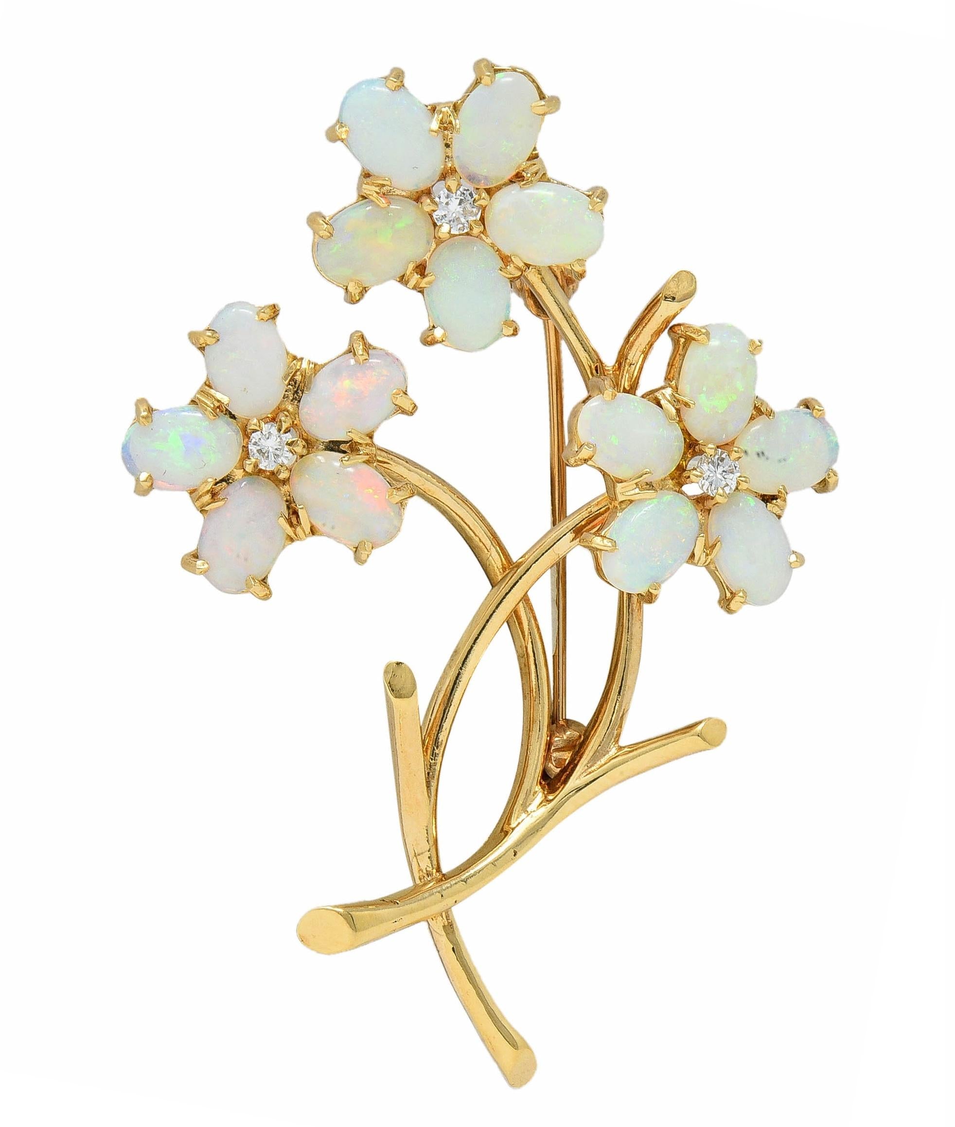 Retro Diamond Opal 14 Karat Yellow Gold Vintage Floral Brooch