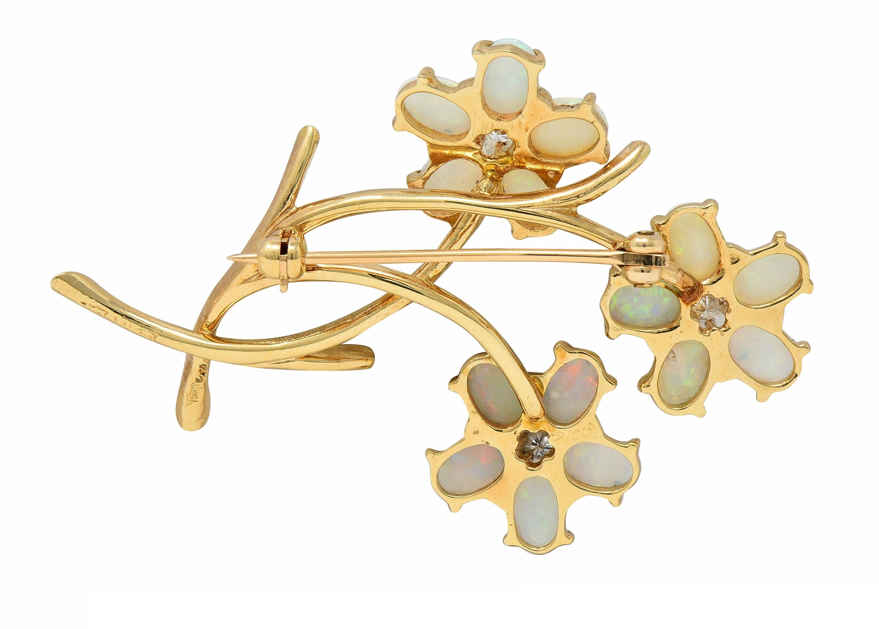 Retro Diamond Opal 14 Karat Yellow Gold Vintage Floral Brooch