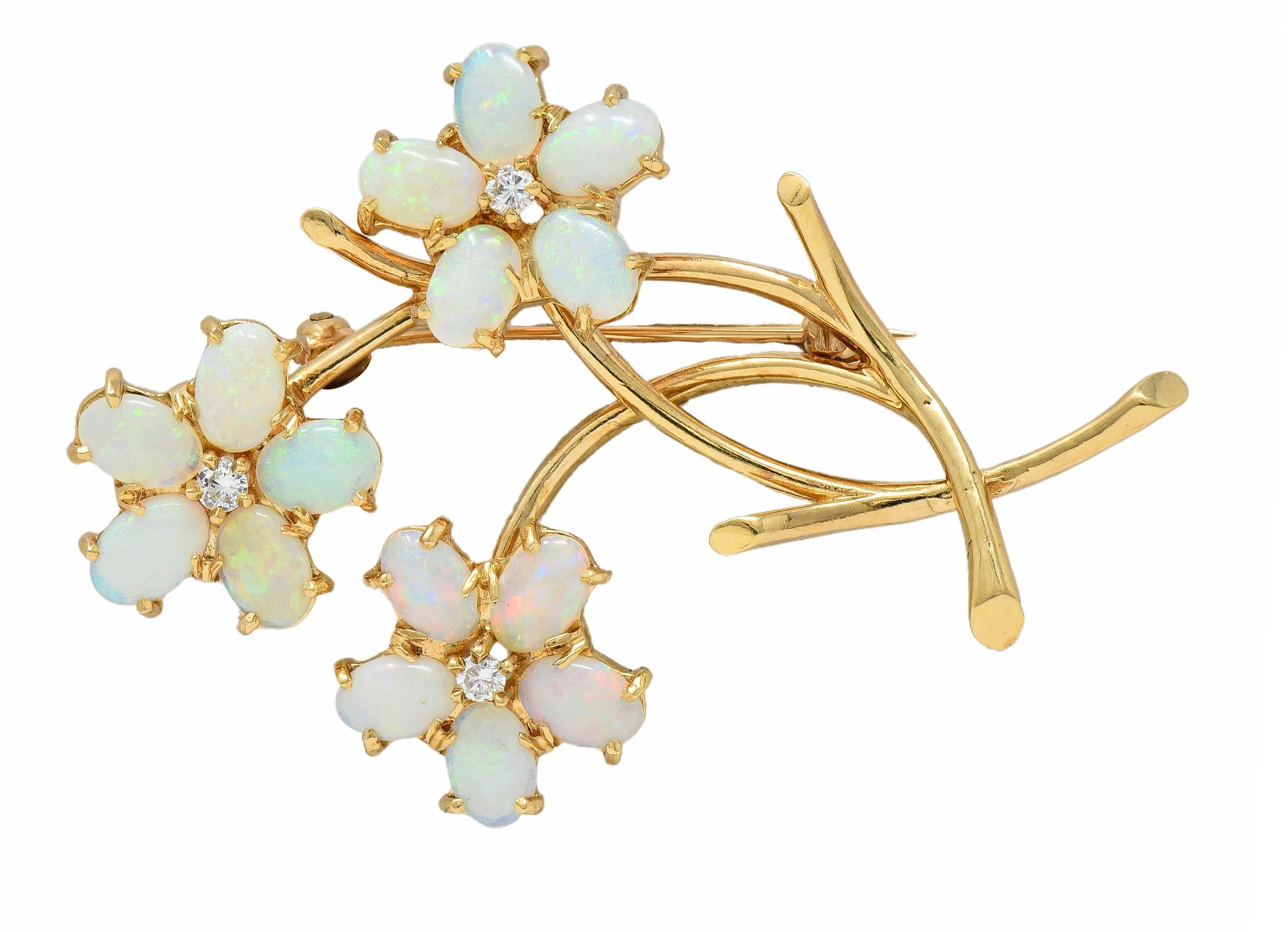 Retro Diamond Opal 14 Karat Yellow Gold Vintage Floral Brooch