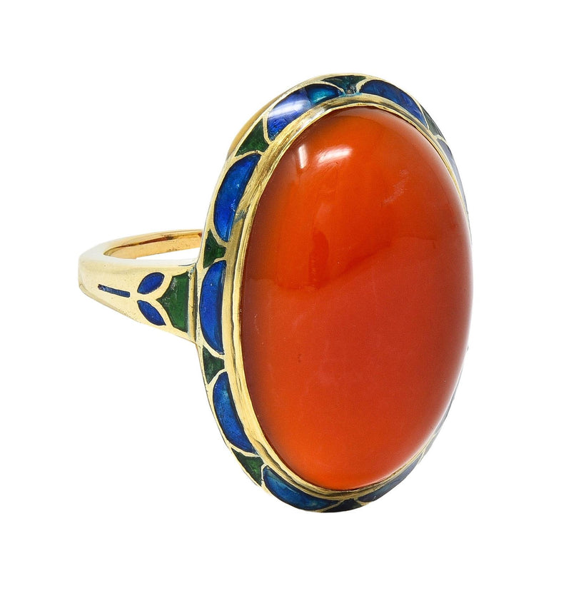 Early Art Deco Carnelian Enamel 14 Karat Yellow Gold Antique Jones Woodland Ring