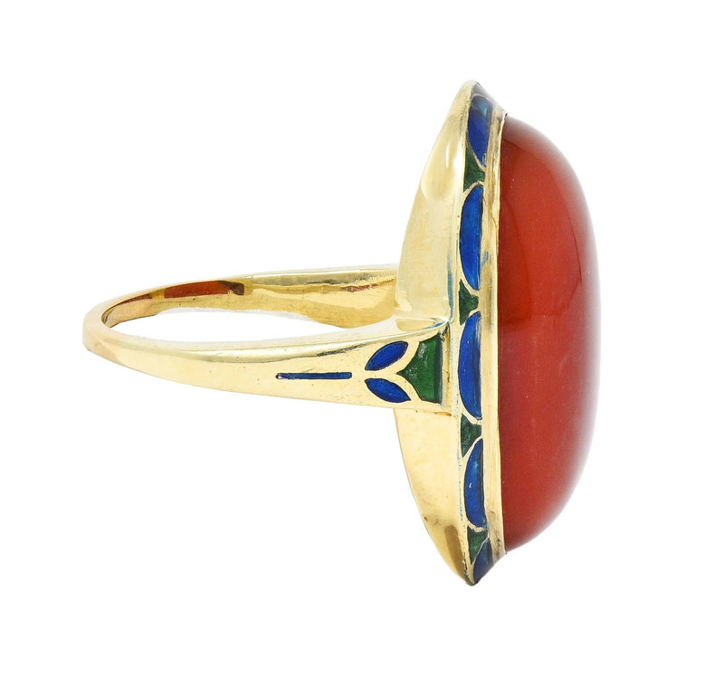 Early Art Deco Carnelian Enamel 14 Karat Yellow Gold Antique Jones Woodland Ring