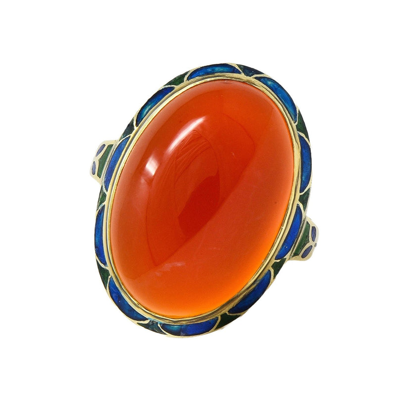 Early Art Deco Carnelian Enamel 14 Karat Yellow Gold Antique Jones Woodland Ring