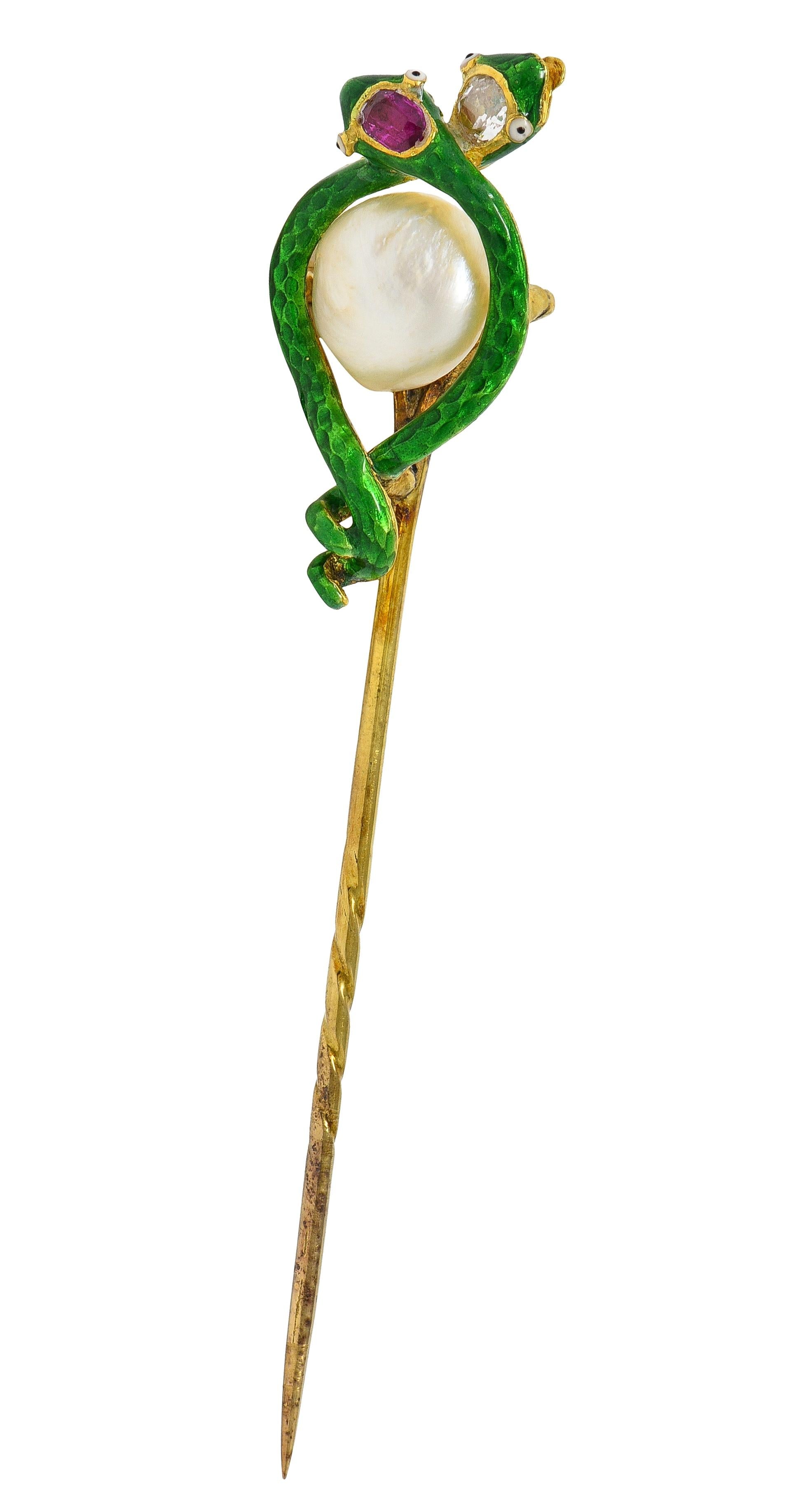 Victorian Pearl Ruby Diamond 18 Karat Yellow Gold Antique Snake Stickpin