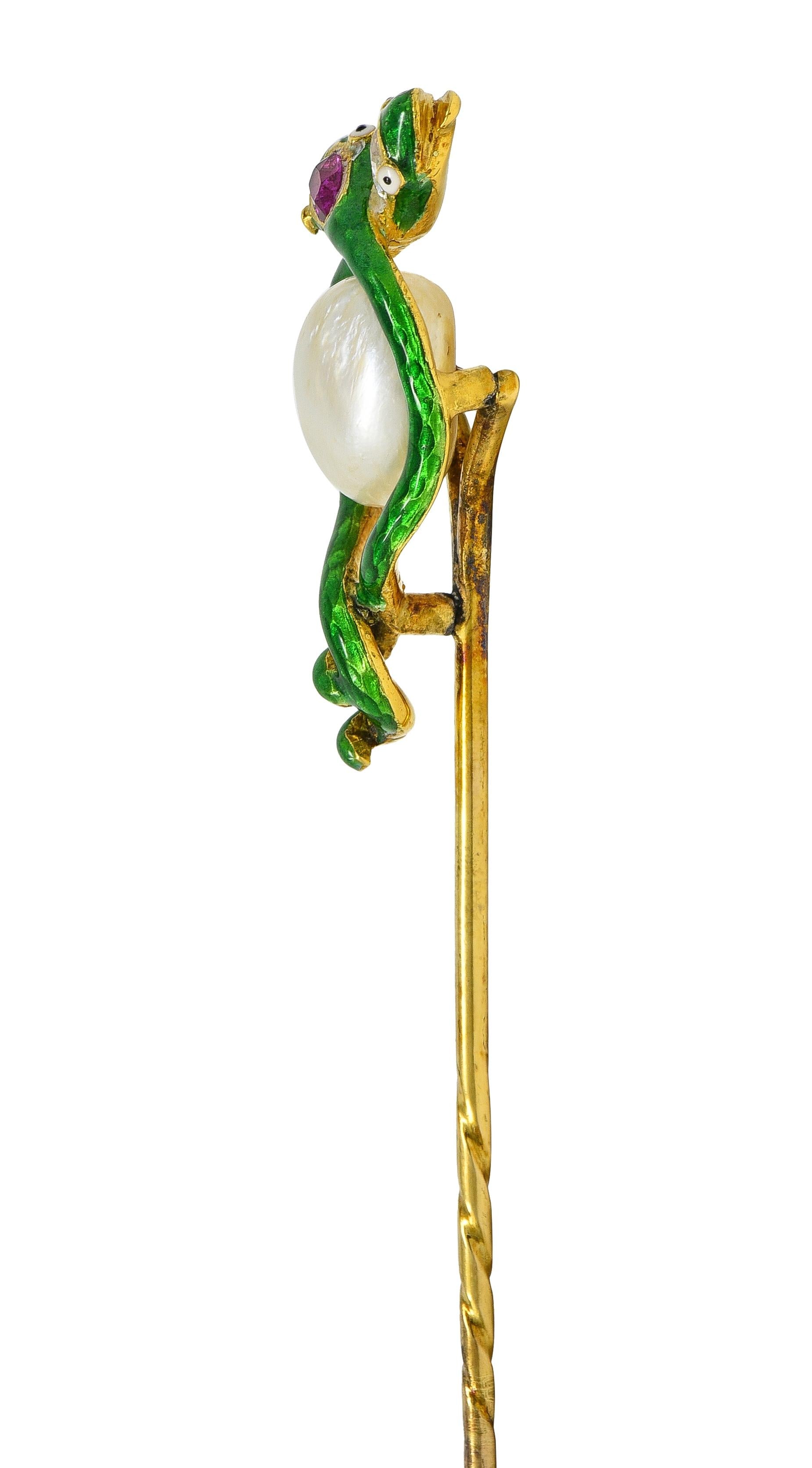 Victorian Pearl Ruby Diamond 18 Karat Yellow Gold Antique Snake Stickpin