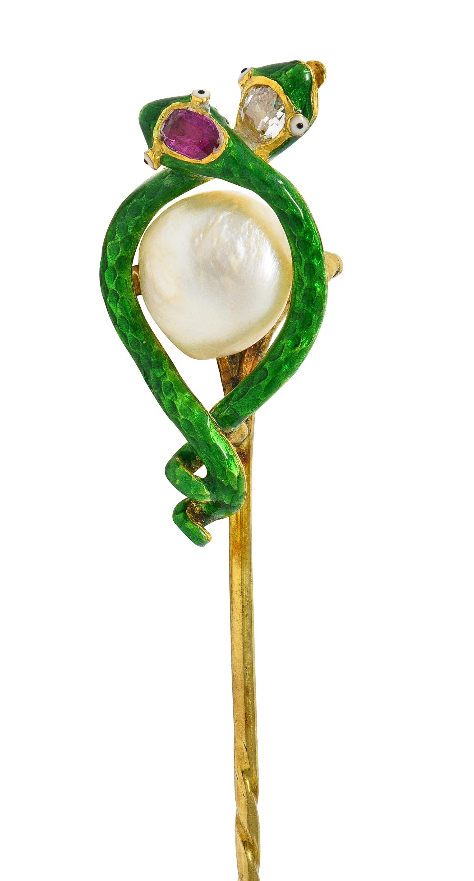 Victorian Pearl Ruby Diamond 18 Karat Yellow Gold Antique Snake Stickpin