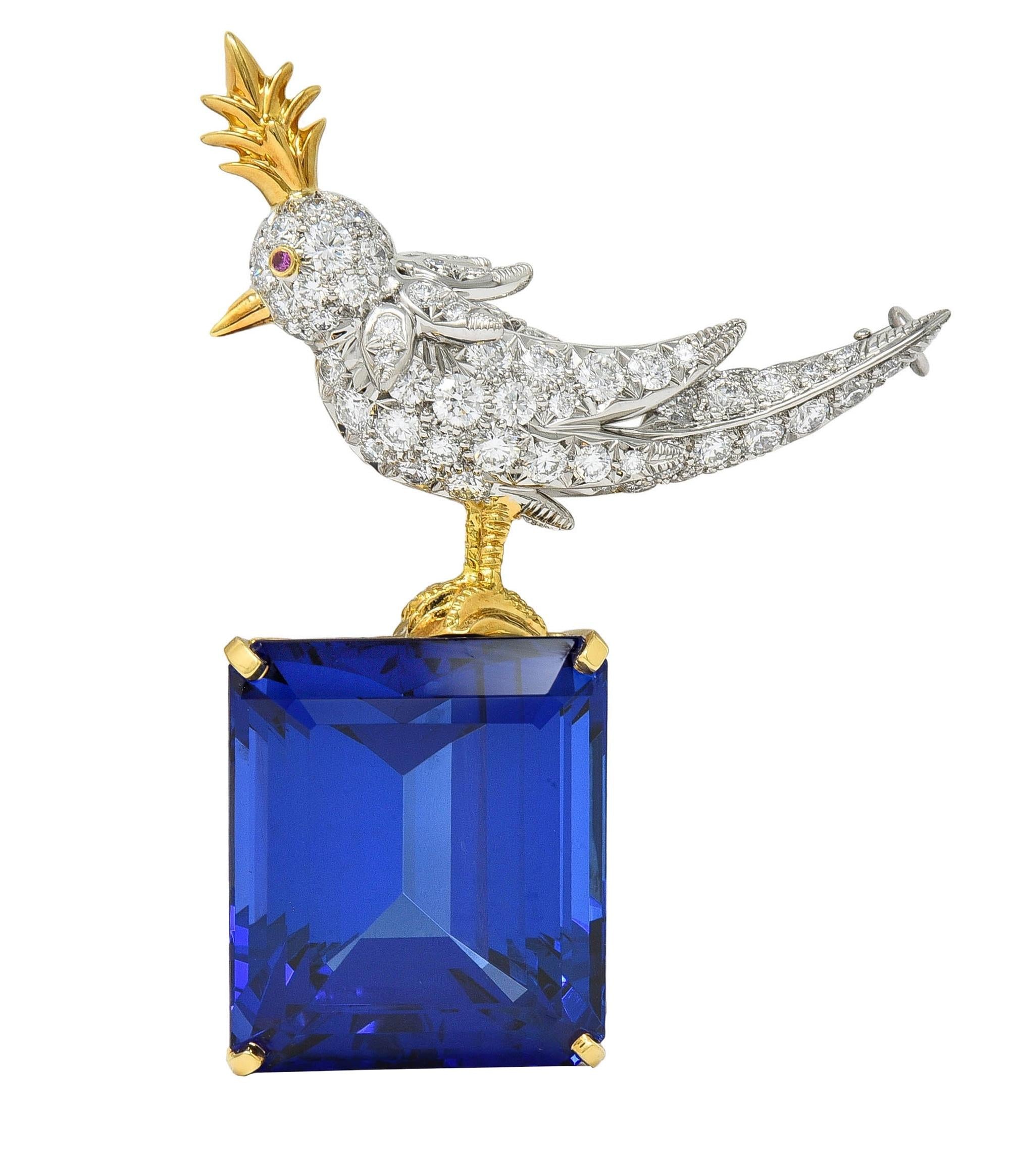 Tiffany & Co. Schlumberger Tanzanite Platinum 18K Brooch Bird On A Rock Brooch