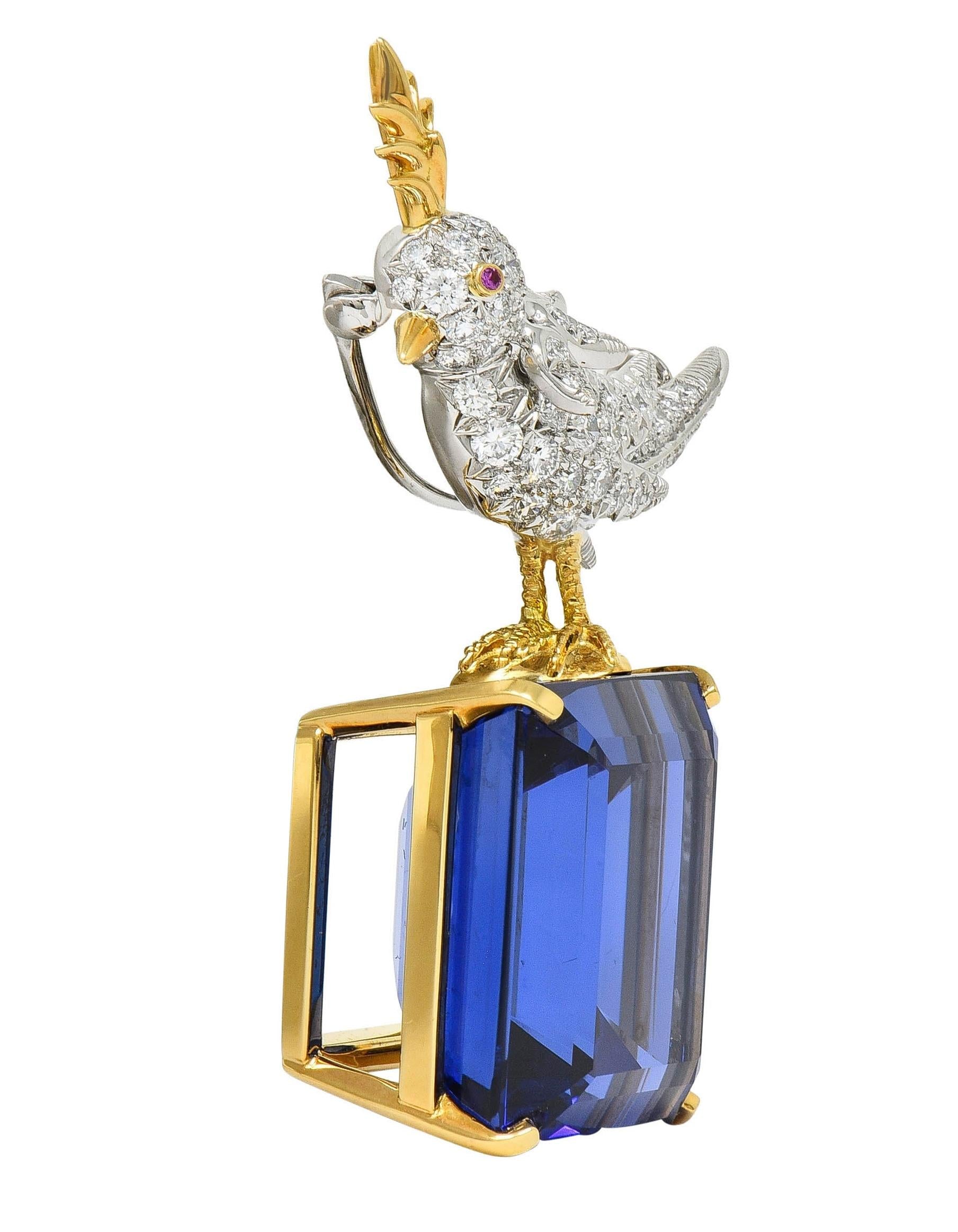 Tiffany & Co. Schlumberger Tanzanite Platinum 18K Brooch Bird On A Rock Brooch